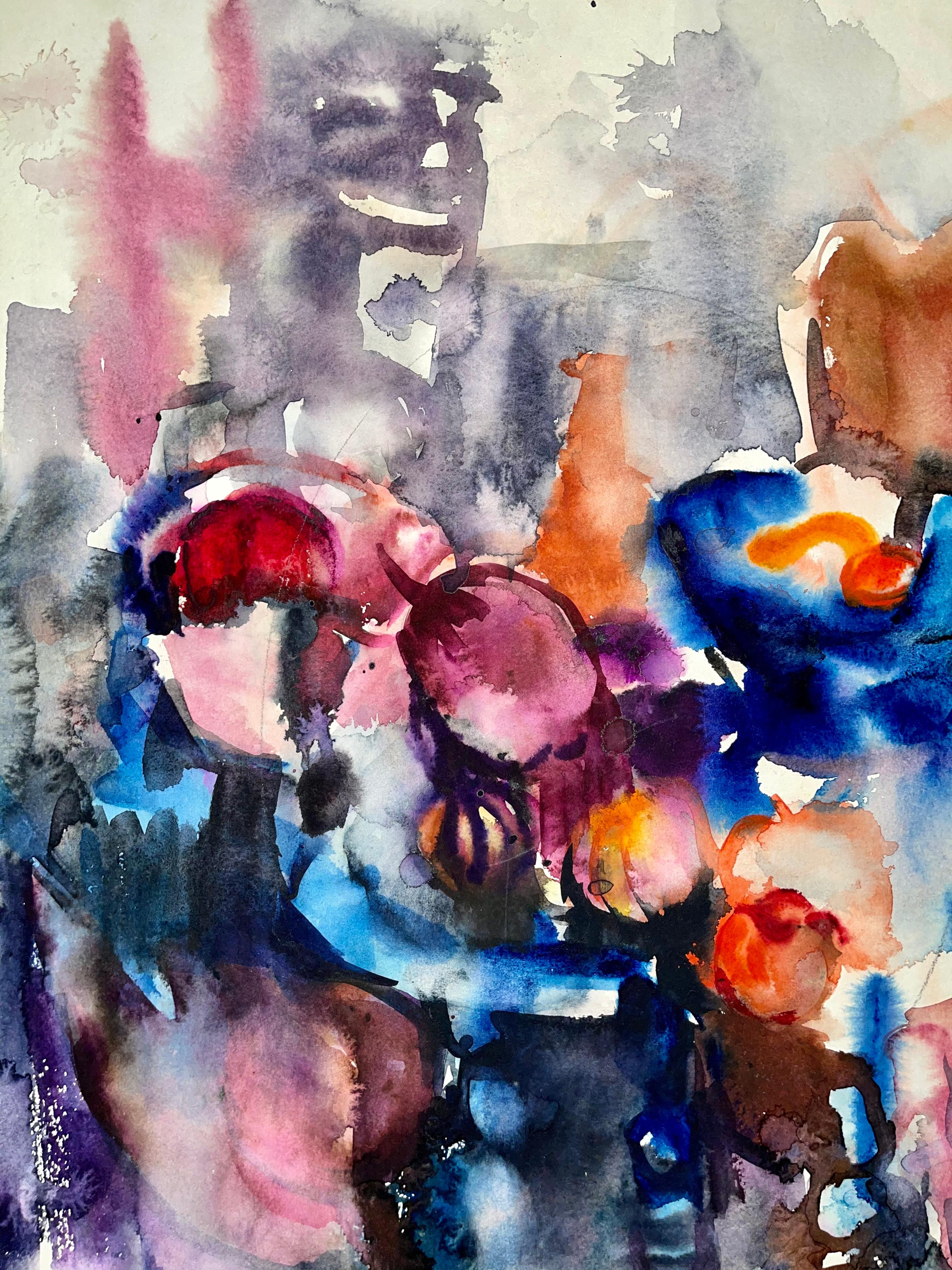 Sans titre (Nature morte abstraite avec table, fleurs et fruits) - Painting de Ian Hornak