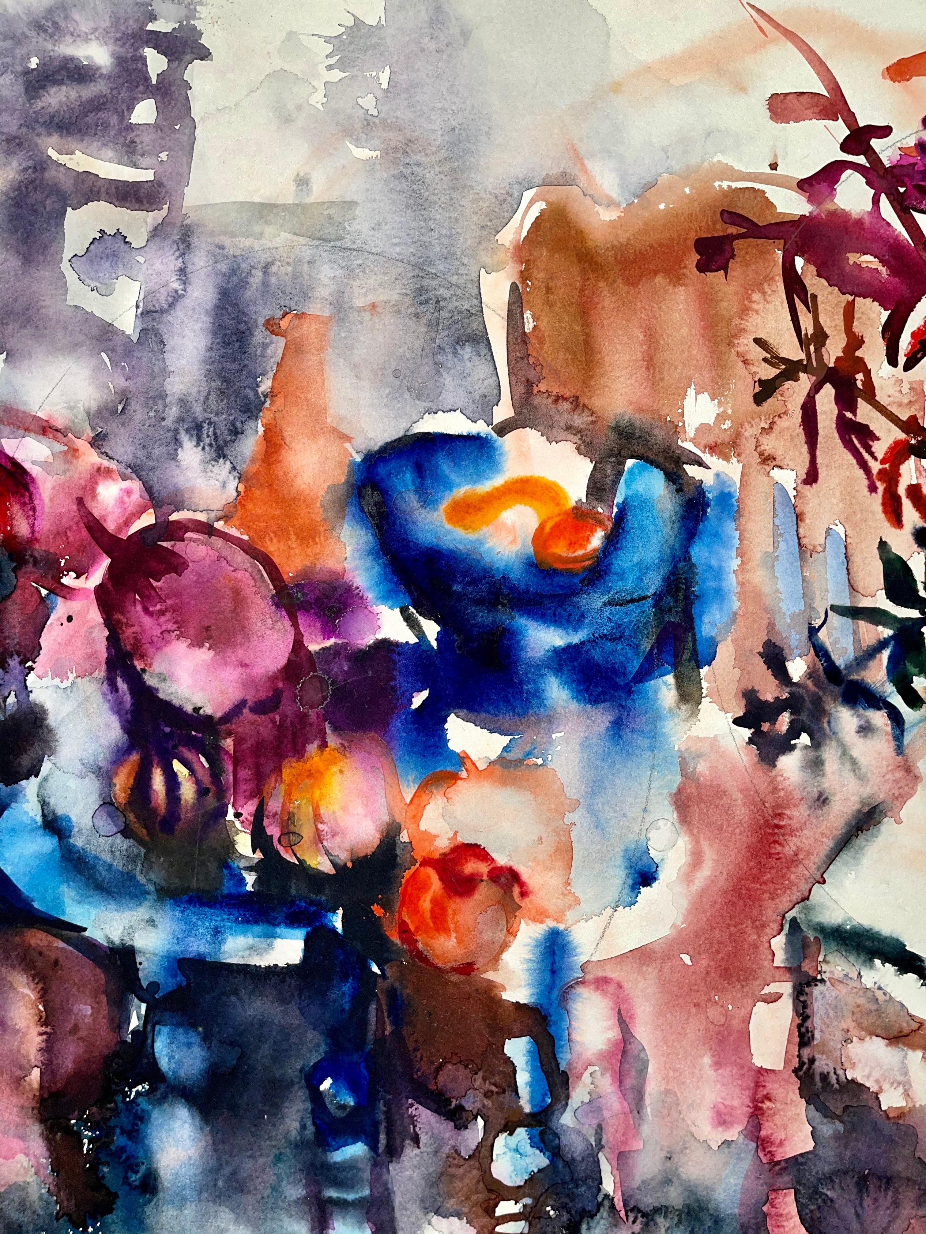 Sans titre (Nature morte abstraite avec table, fleurs et fruits) - Impressionnisme Painting par Ian Hornak