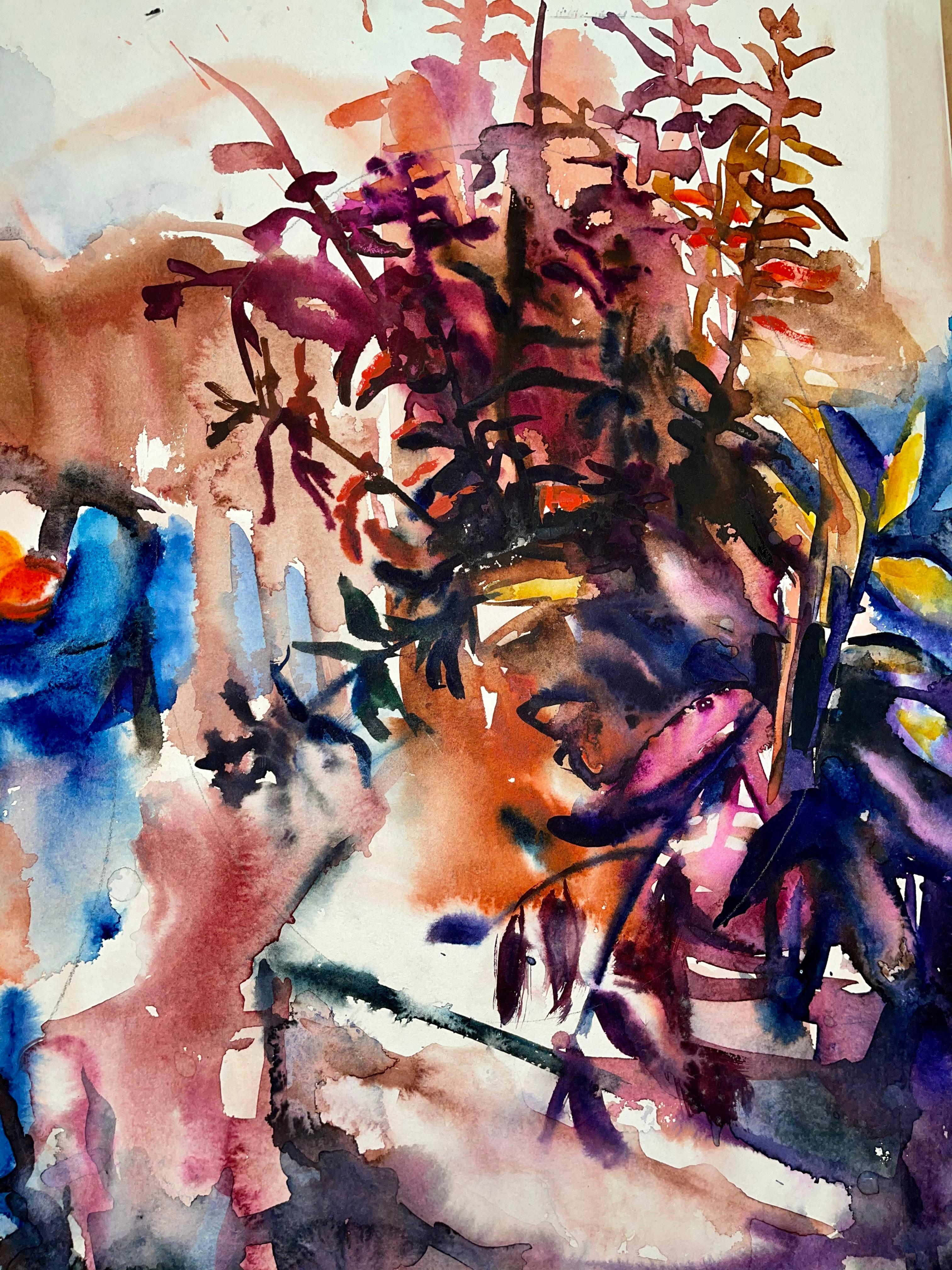 Sans titre (Nature morte abstraite avec table, fleurs et fruits) - Marron Interior Painting par Ian Hornak