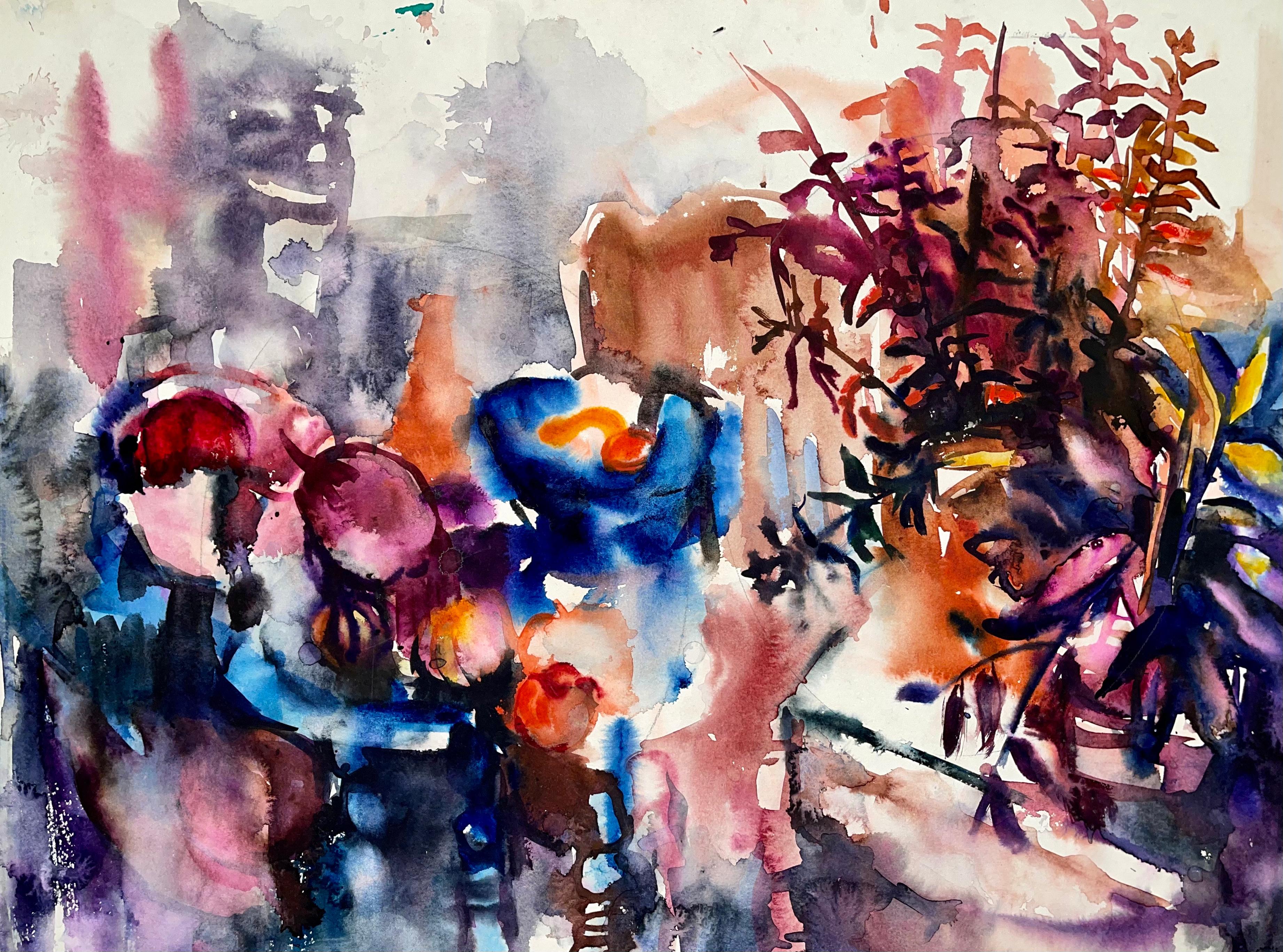Interior Painting Ian Hornak - Sans titre (Nature morte abstraite avec table, fleurs et fruits)