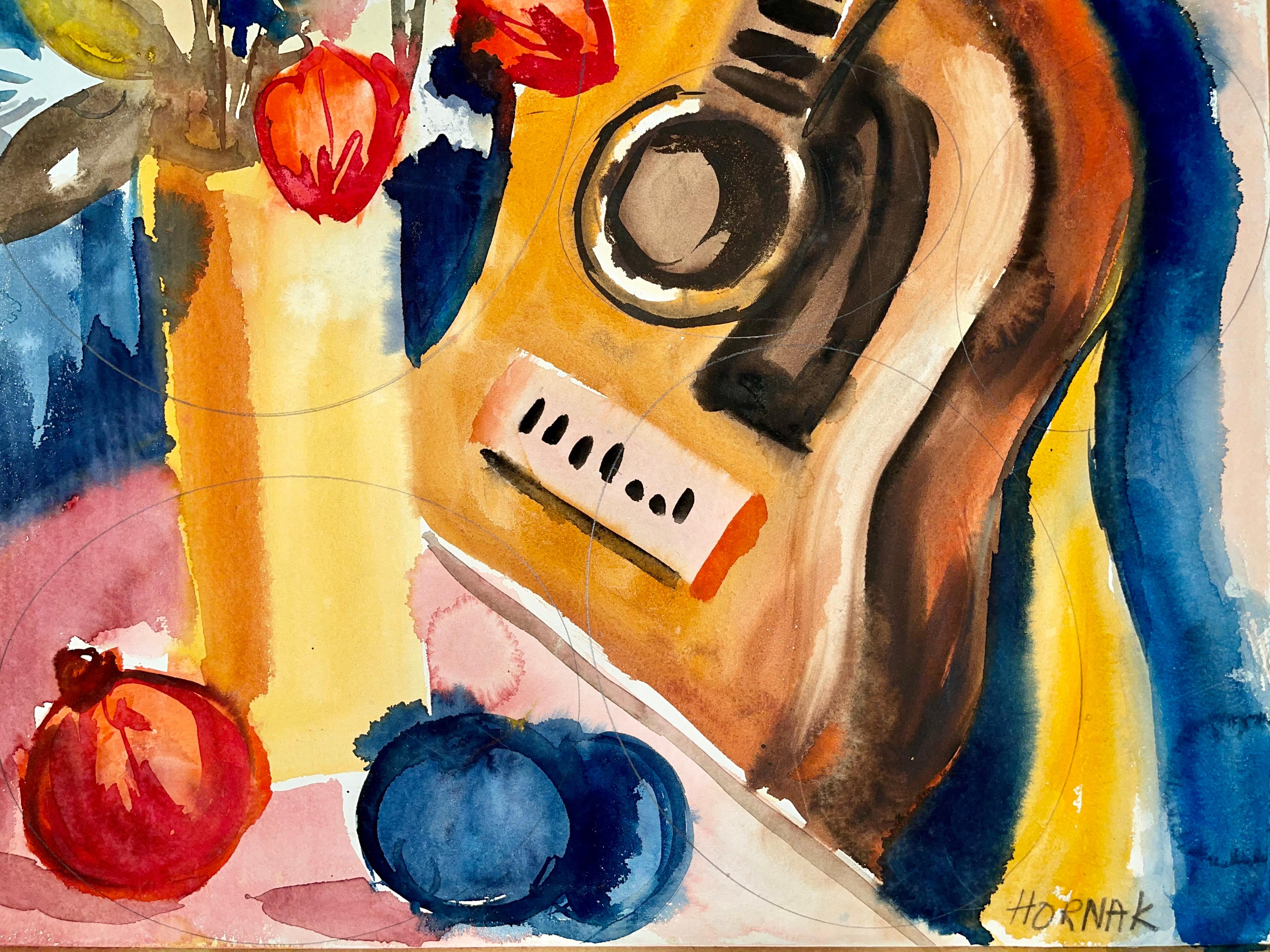 Untitled (Abstract Still Life with Flowers, Fruit and Guitar) - Painting by Ian Hornak