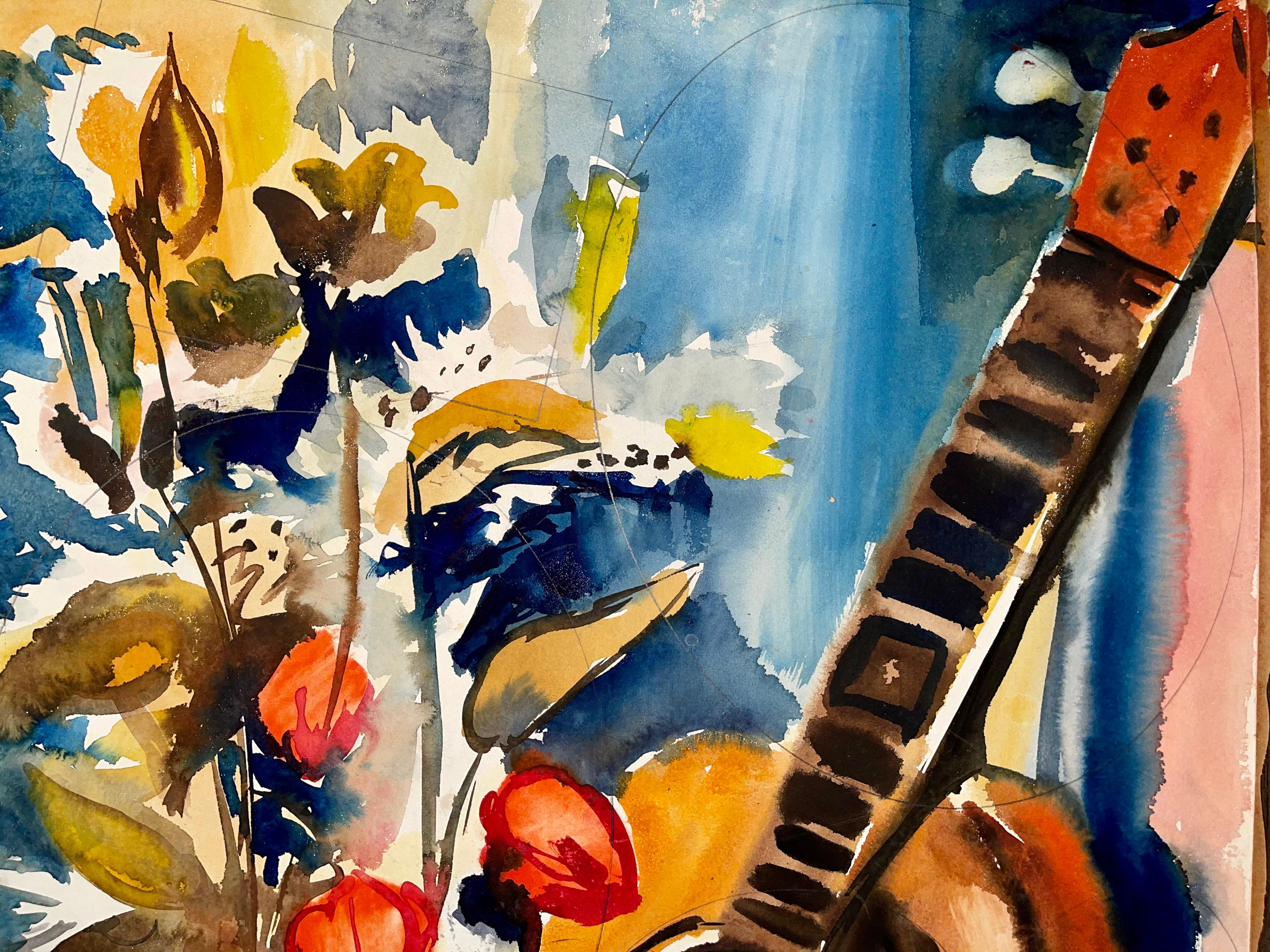 Untitled (Abstract Still Life with Flowers, Fruit and Guitar) - Impressionist Painting by Ian Hornak