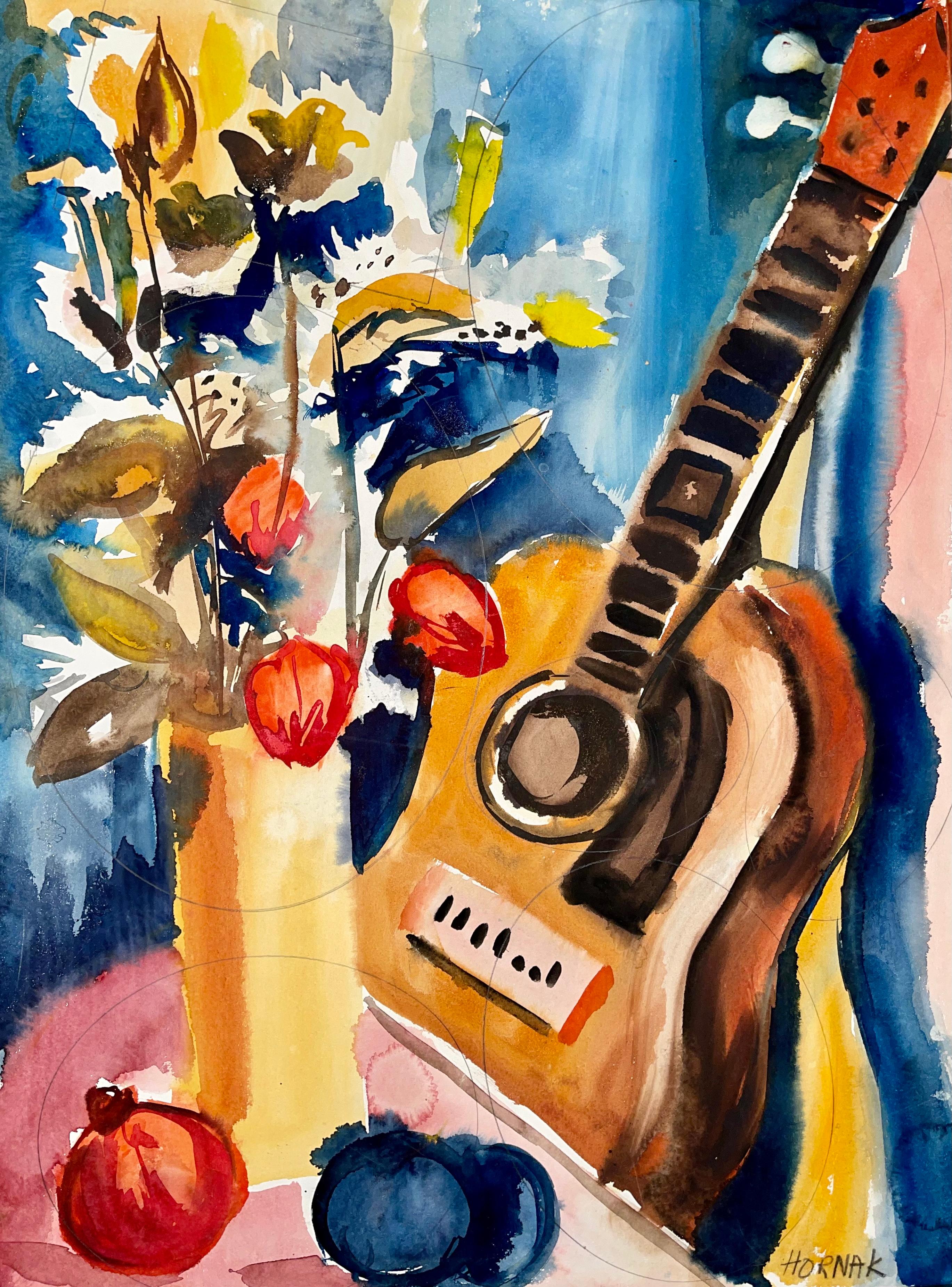 Ian Hornak Still-Life Painting - Untitled (Abstract Still Life with Flowers, Fruit and Guitar)