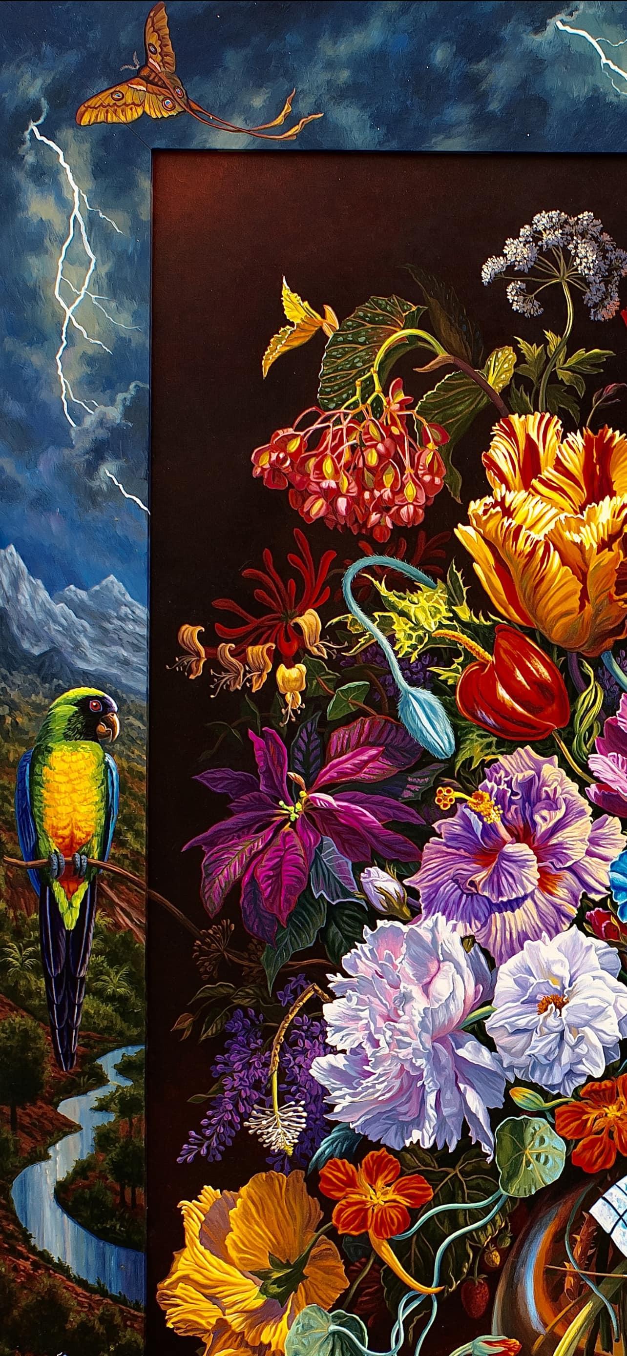 Very Baroque Flowerpiece with Red Birds of Paradise and Shining Parrot - Painting by Ian Hornak