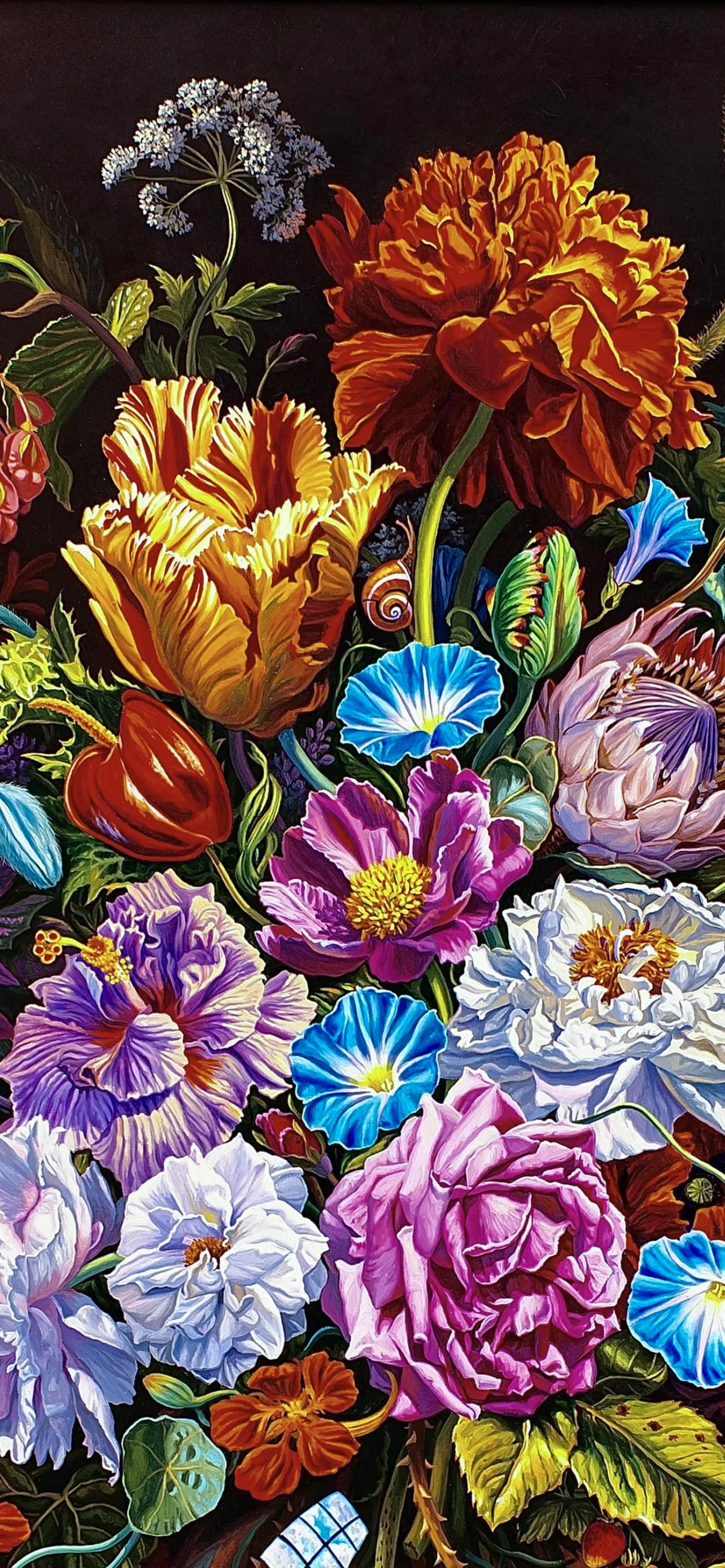 Florero muy barroco con aves del paraíso rojas y loro brillante - Painting Fotorrealista de Ian Hornak