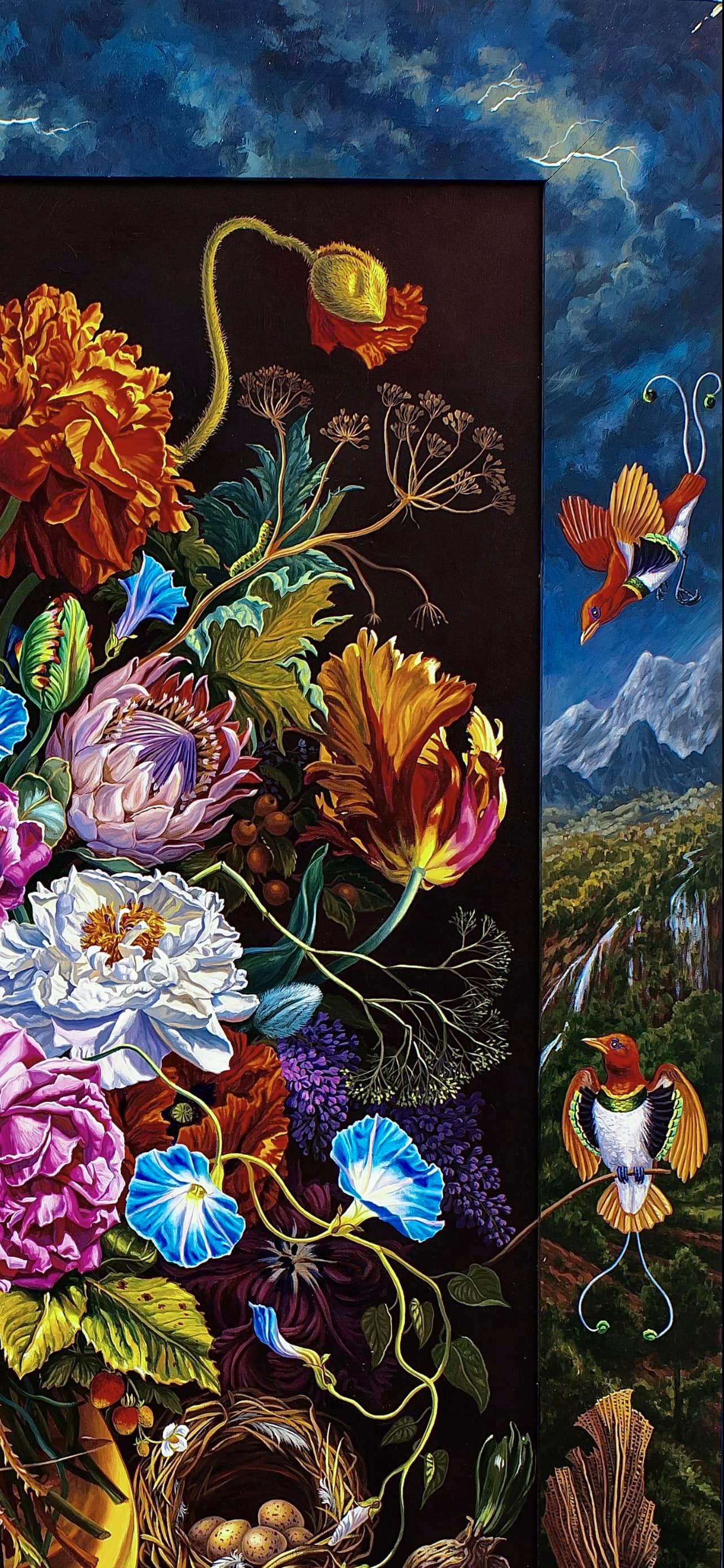 Artista: Ian Hornak (1944-2002)
Título: Florero muy barroco con aves del paraíso rojas y loro brillante
Año: 1989
Técnica: Acrílico sobre panel, con marco pintado por el artista
Tamaño: 58,5 x 47,5 pulgadas
Estado: Excelente
Inscripción: Firmada,