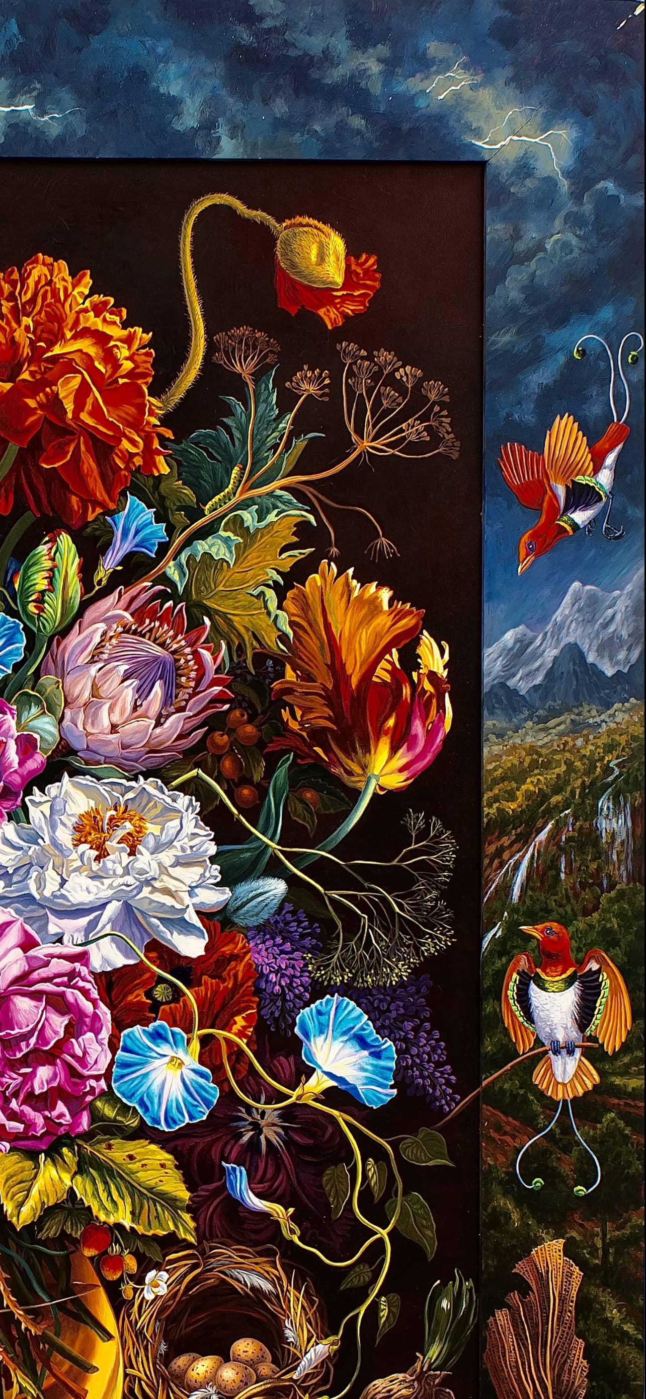 Very Baroque Flowerpiece with Red Birds of Paradise and Shining Parrot - Photorealist Painting by Ian Hornak