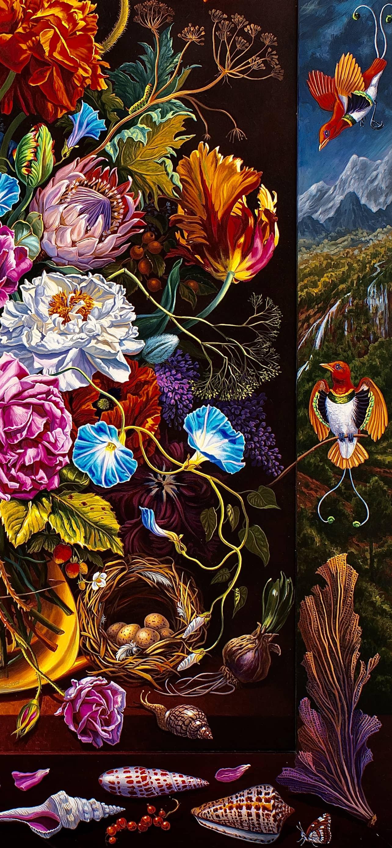 Very Baroque Flowerpiece with Red Birds of Paradise and Shining Parrot - Black Still-Life Painting by Ian Hornak