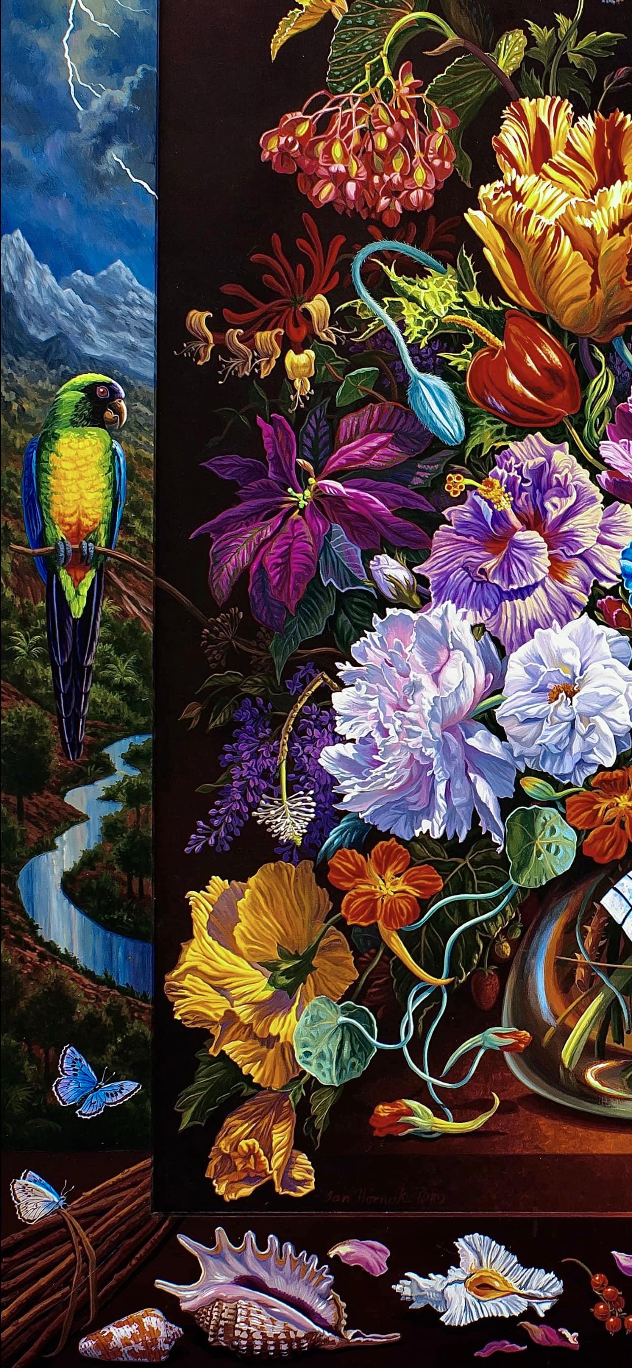 Florero muy barroco con aves del paraíso rojas y loro brillante en venta 4