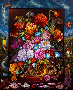 Very Baroque Flowerpiece with Red Birds of Paradise and Shining Parrot