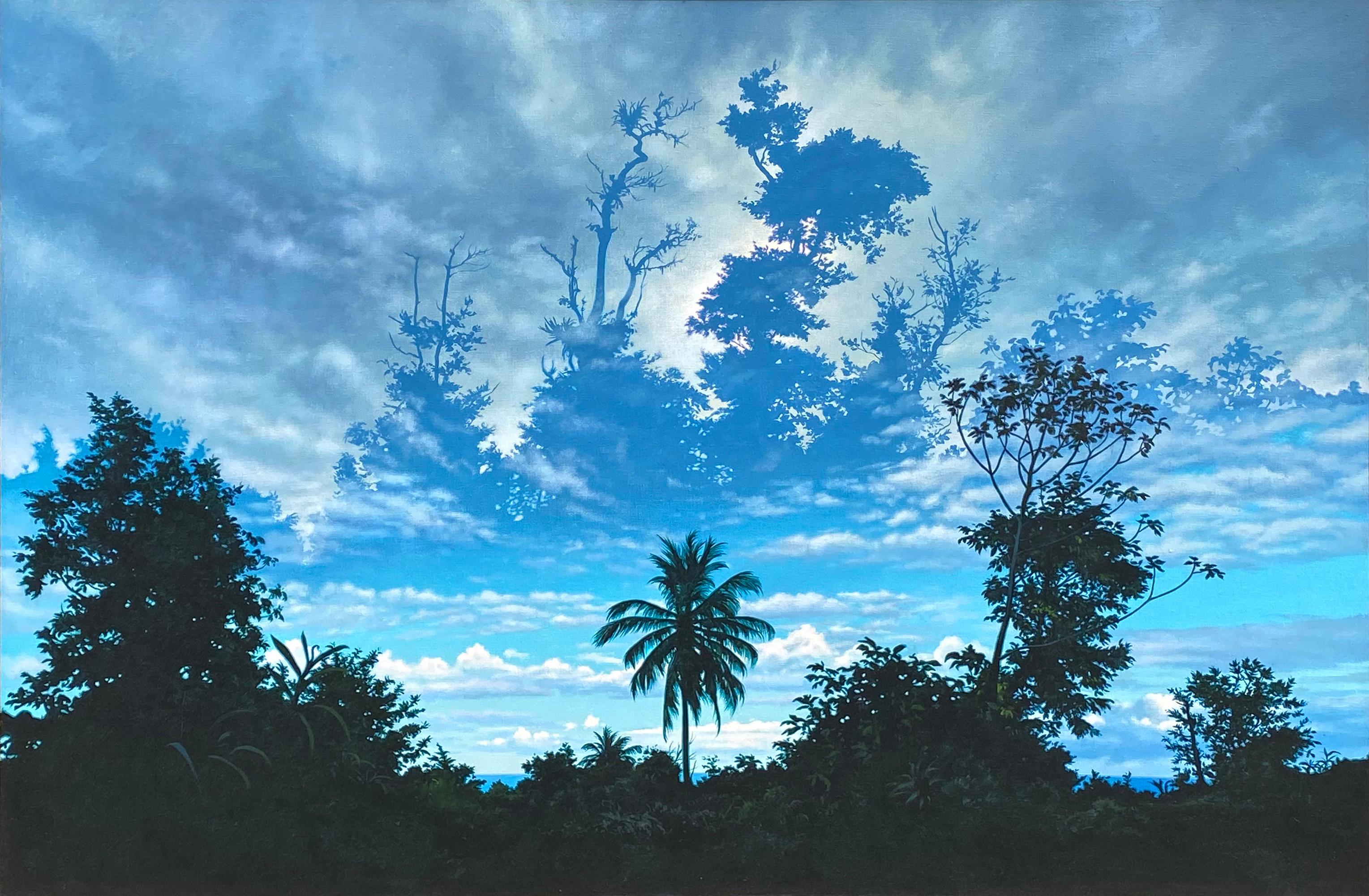 American Photorealist Ian Hornak’s stunning depiction of a tropical landscape is framed by back-lit palm trees and clouds illuminated with the setting sun. The painting is signed, titled and dated on the verso. Provenance: Gertrude Kasle Gallery