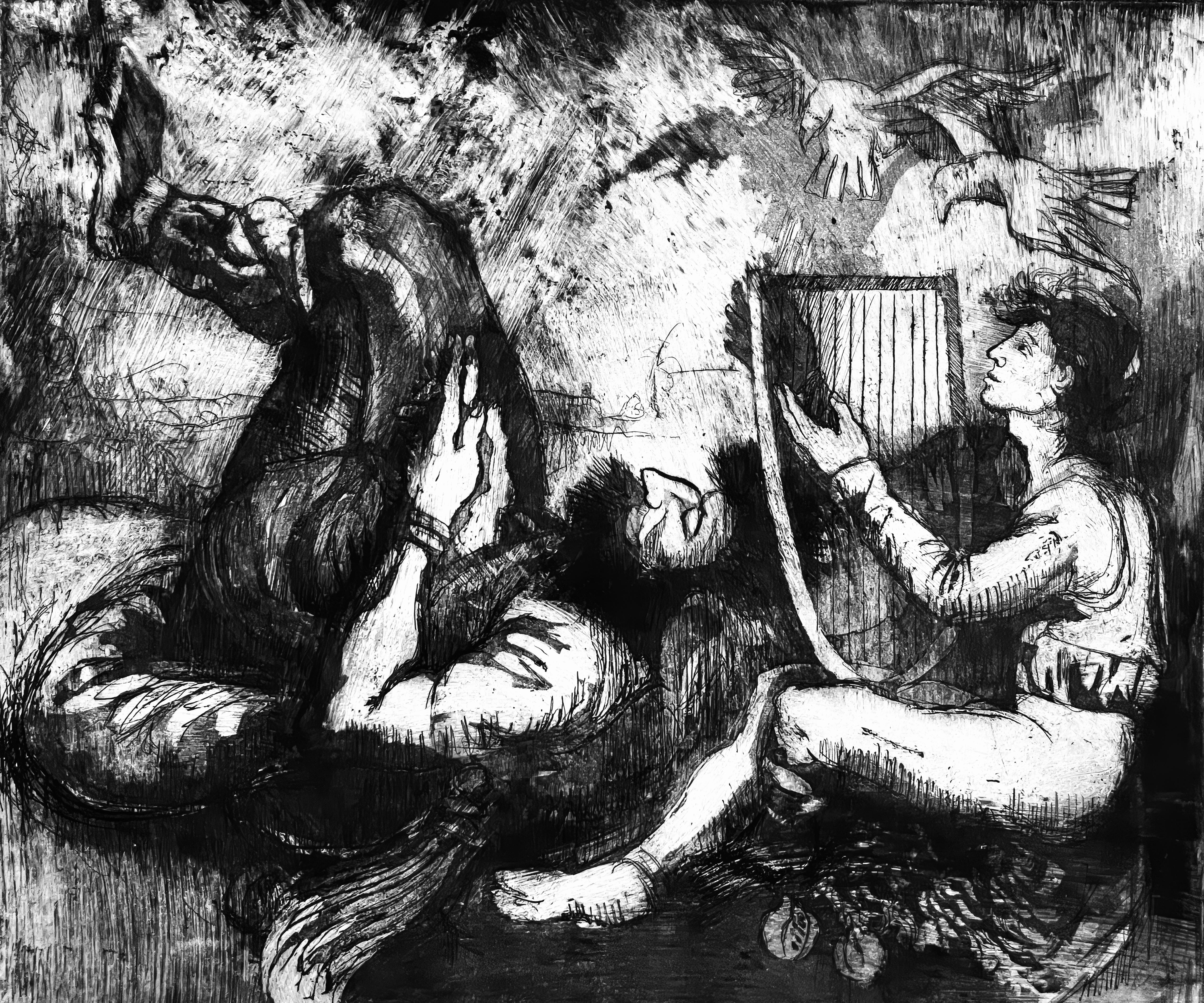 This exquisite etching by Ian Hornak (1944–2002), titled David and Saul, was executed circa 1963 during the artist’s undergraduate studies. Created during the formative years of Hornak’s artistic development, the composition provides a compelling