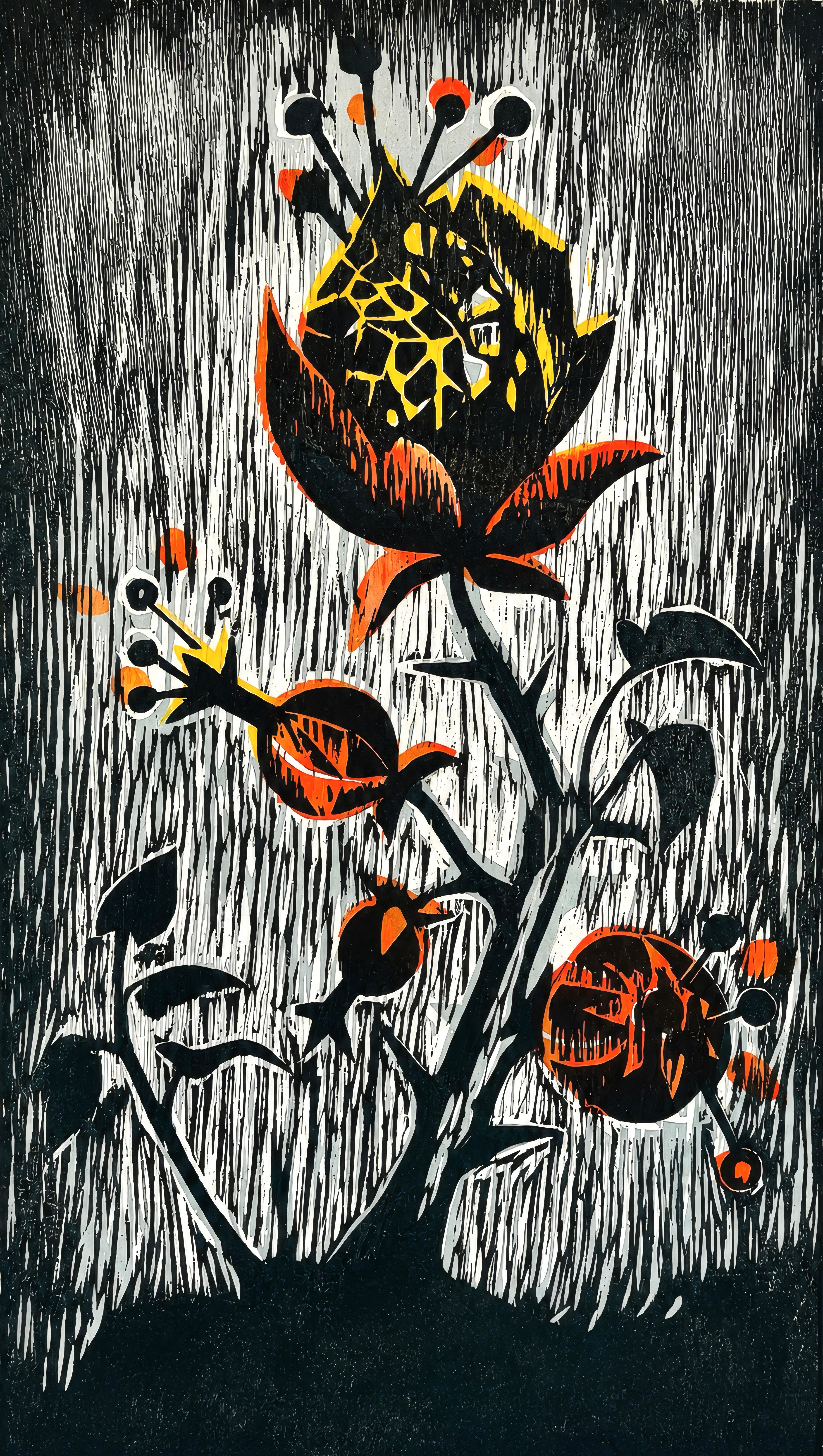 This exquisite woodcut by Ian Hornak (1944–2002), titled Forbidden Fruit, was executed circa 1963 during the artist’s undergraduate studies. Created during the formative years of Hornak’s artistic development, this striking composition demonstrates