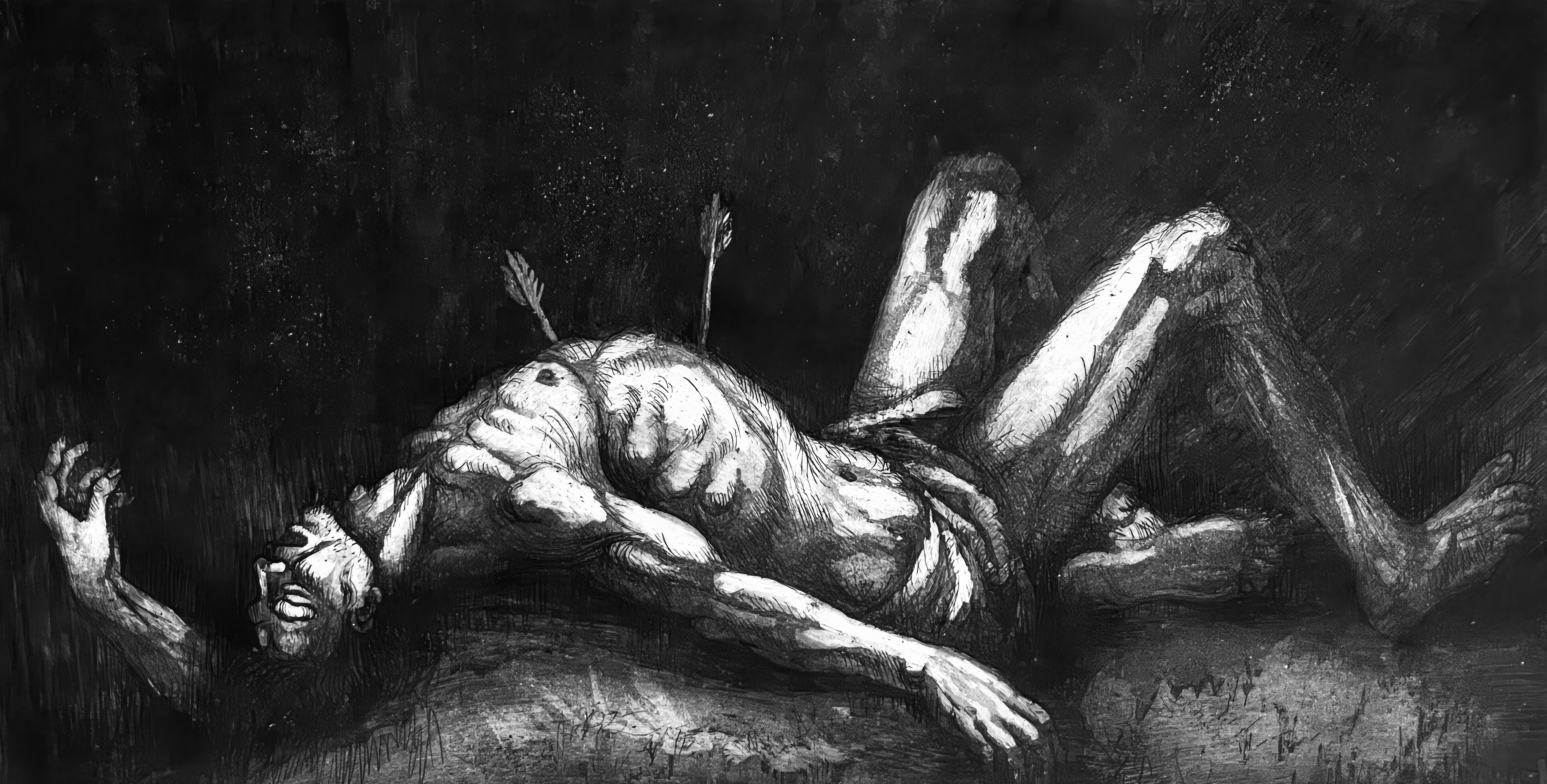 Cette magnifique gravure de Ian Hornak (1944-2002), intitulée Saint Sébastien, a été réalisée CIRCA 1963, alors que l’artiste était encore étudiant. Réalisée au cours des premières années de la formation artistique de Hornak, cette composition