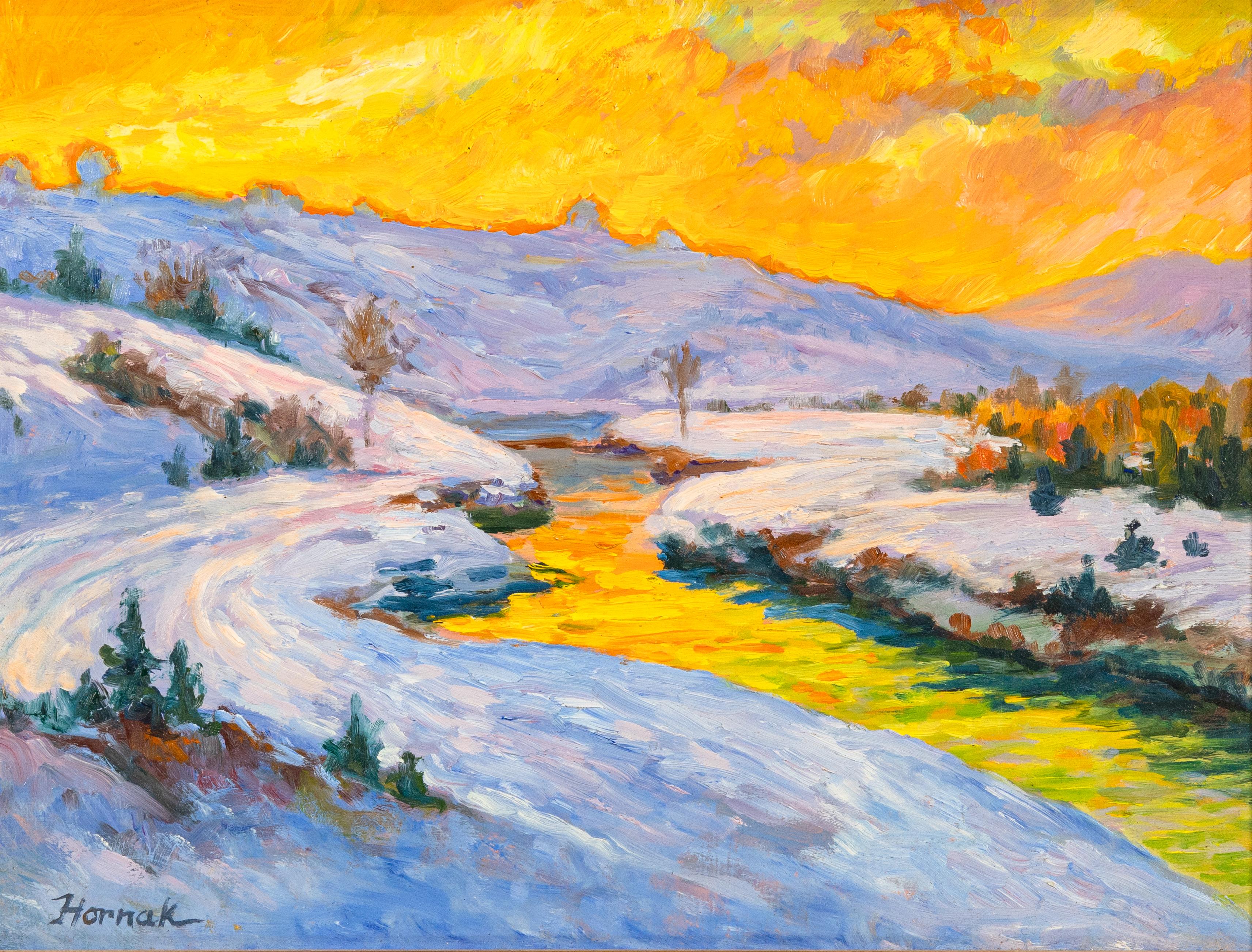 Une peinture à l'huile moderne de l'artiste américain Ian Hornak. Signé à la main en bas à gauche. Vers les années 60. Un paysage d'hiver d'inspiration post-impressionniste avec un ciel jaune dramatique juxtaposé à la neige d'un blanc éclatant aux