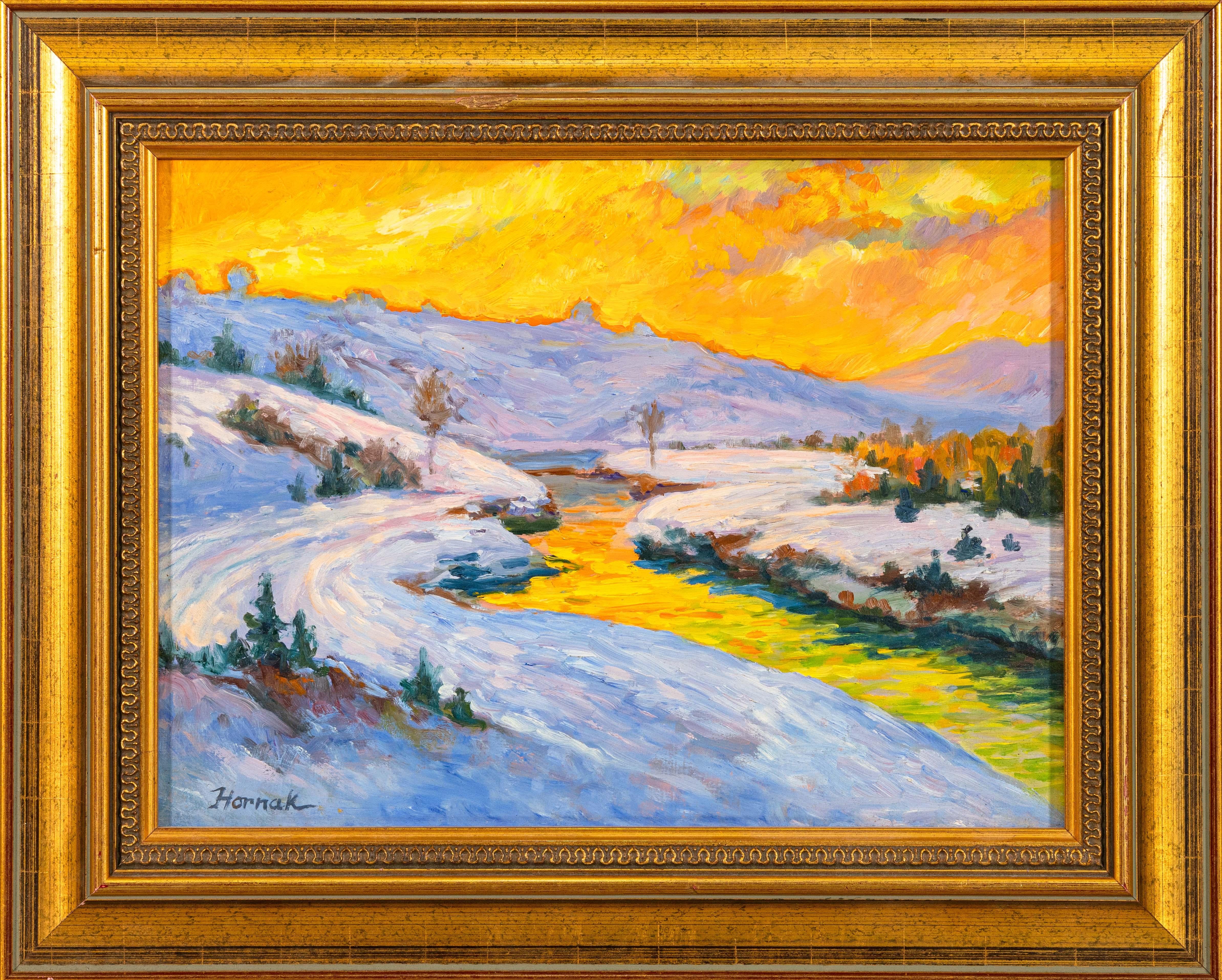 Américain Peinture à l'huile impressionniste moderne, paysage d'hiver sans titre signée Ian Hornak en vente