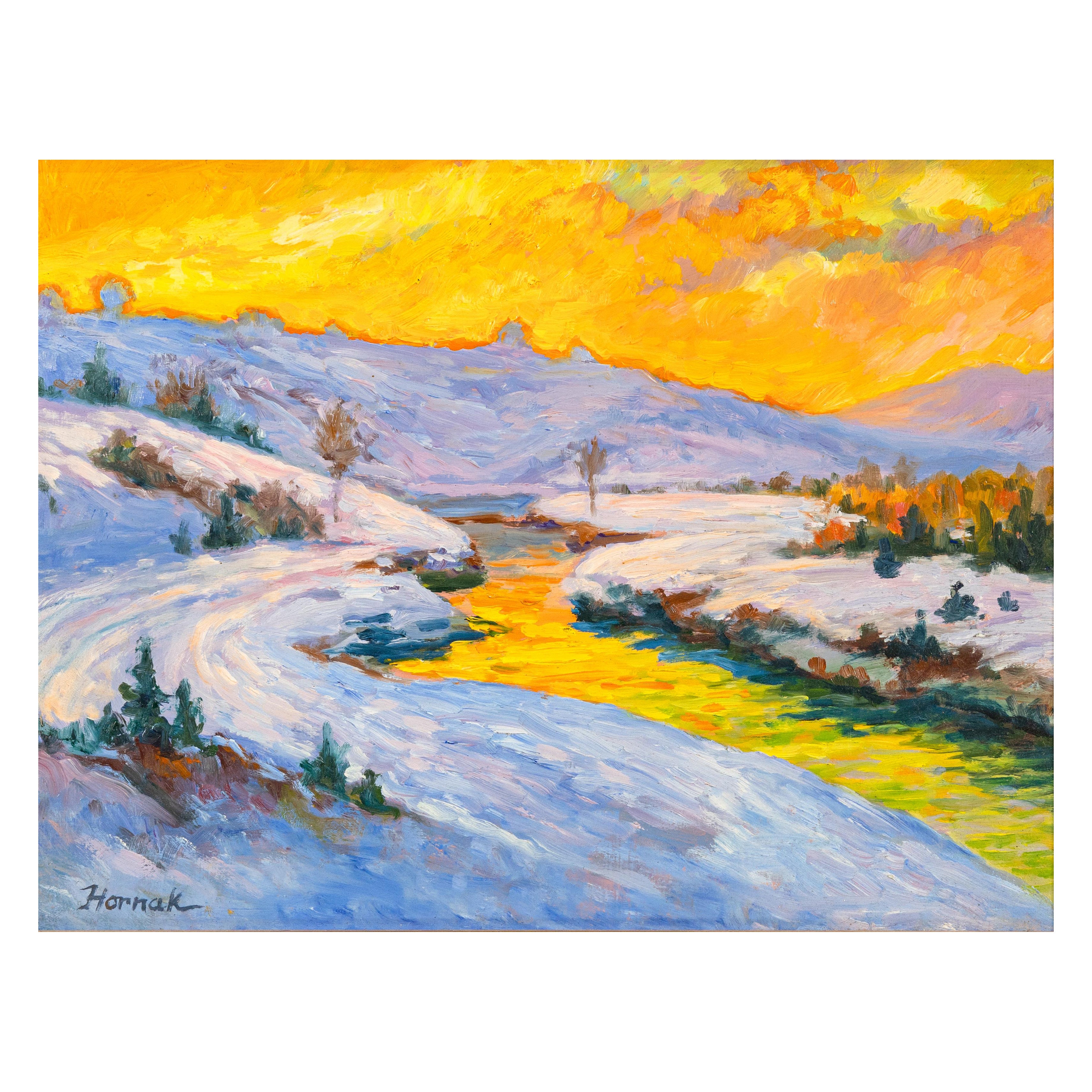 Peinture à l'huile impressionniste moderne, paysage d'hiver sans titre signée Ian Hornak