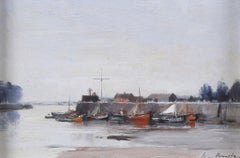 20th Century Framed Panel Painting: 'Hornfleur Harbour at low tide' Signed