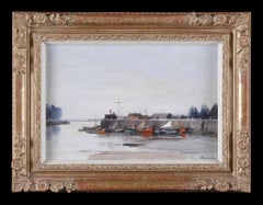 20th Century Framed Panel Painting: 'Hornfleur Harbour at low tide' Signed