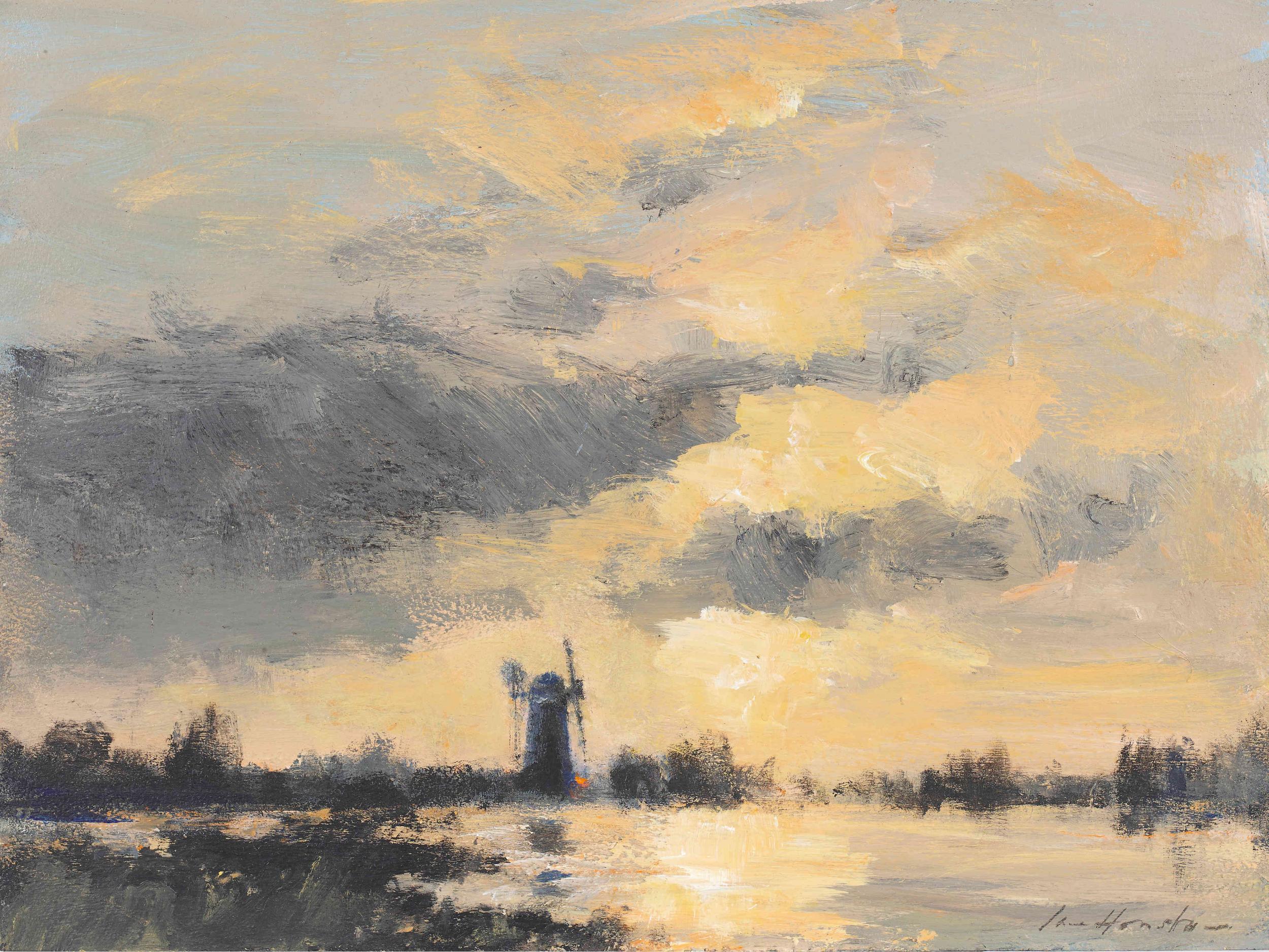 Ian Houston Landscape Painting - 'A Norfolk Drainage Mill – Evening Light' by contemporary British artist