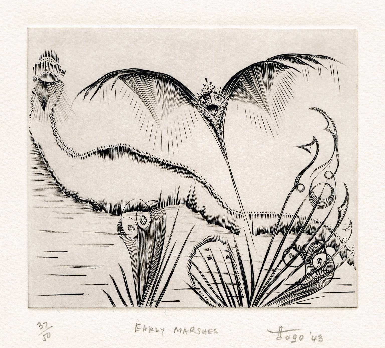 Figurative Print Ian Hugo - Marais primitifs" - Surréalisme du milieu du siècle, Atelier 17