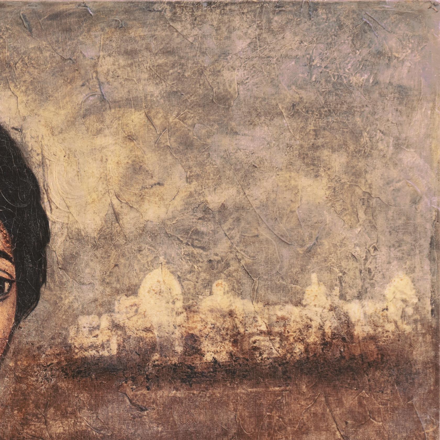 Signed lower right, 'Janus' for Ian Janus (Dutch-Italian, born 1919) and painted circa 1955.

A study of a beautiful young woman shown posed in the foreground with a distant evening view, beyond, towards the Venetian skyline at dusk

Born in Holland