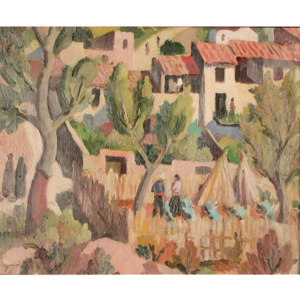Ian Macnab (Schottland, geb. 1890 - d. 1967) Gemälde „Talking in Village“, Gemälde. im Zustand „Gut“ im Angebot in Philadelphia, PA