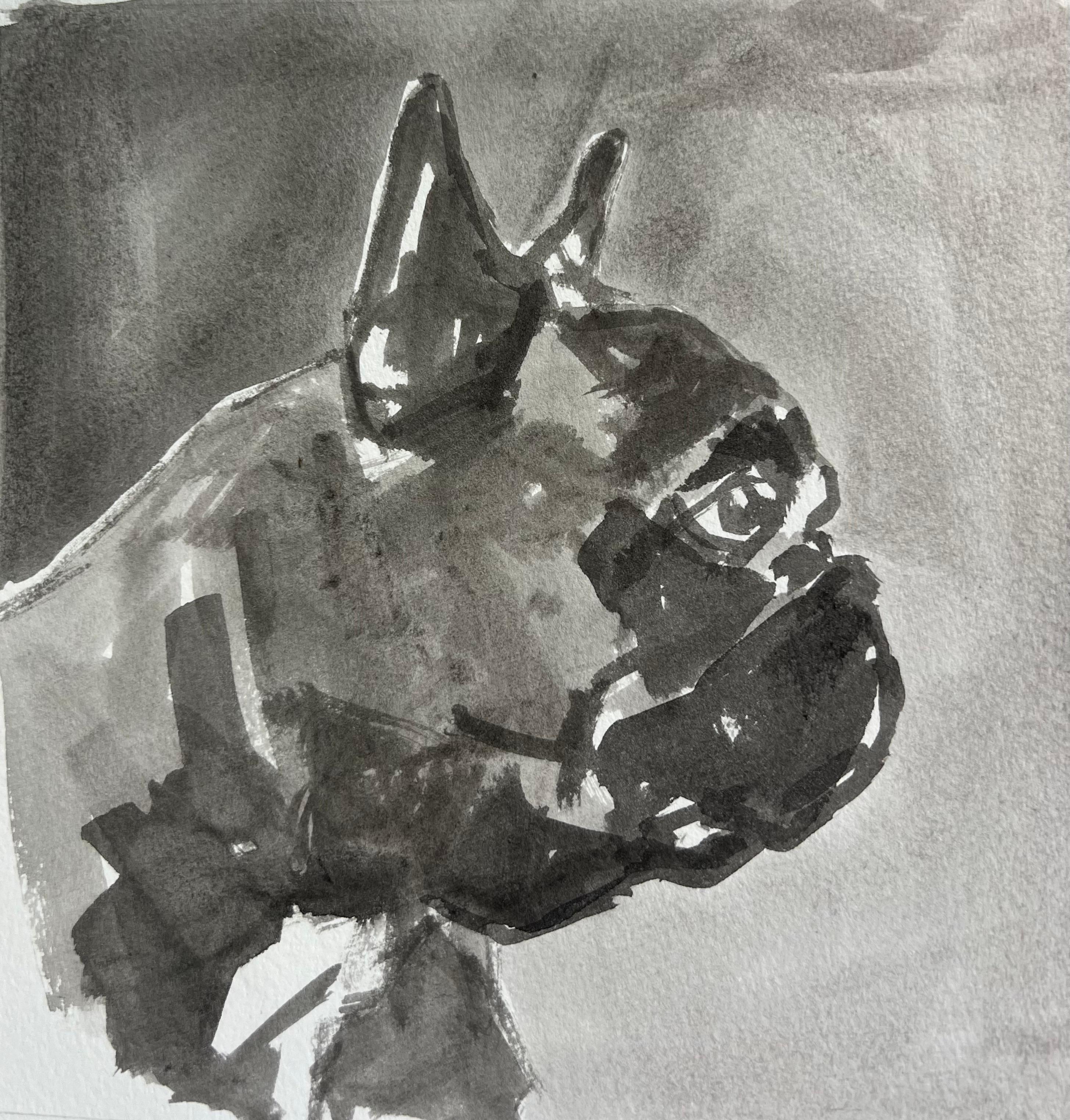 Un carlino nero, un affascinante dipinto contemporaneo di un cane minimalista - Painting di Ian Mason