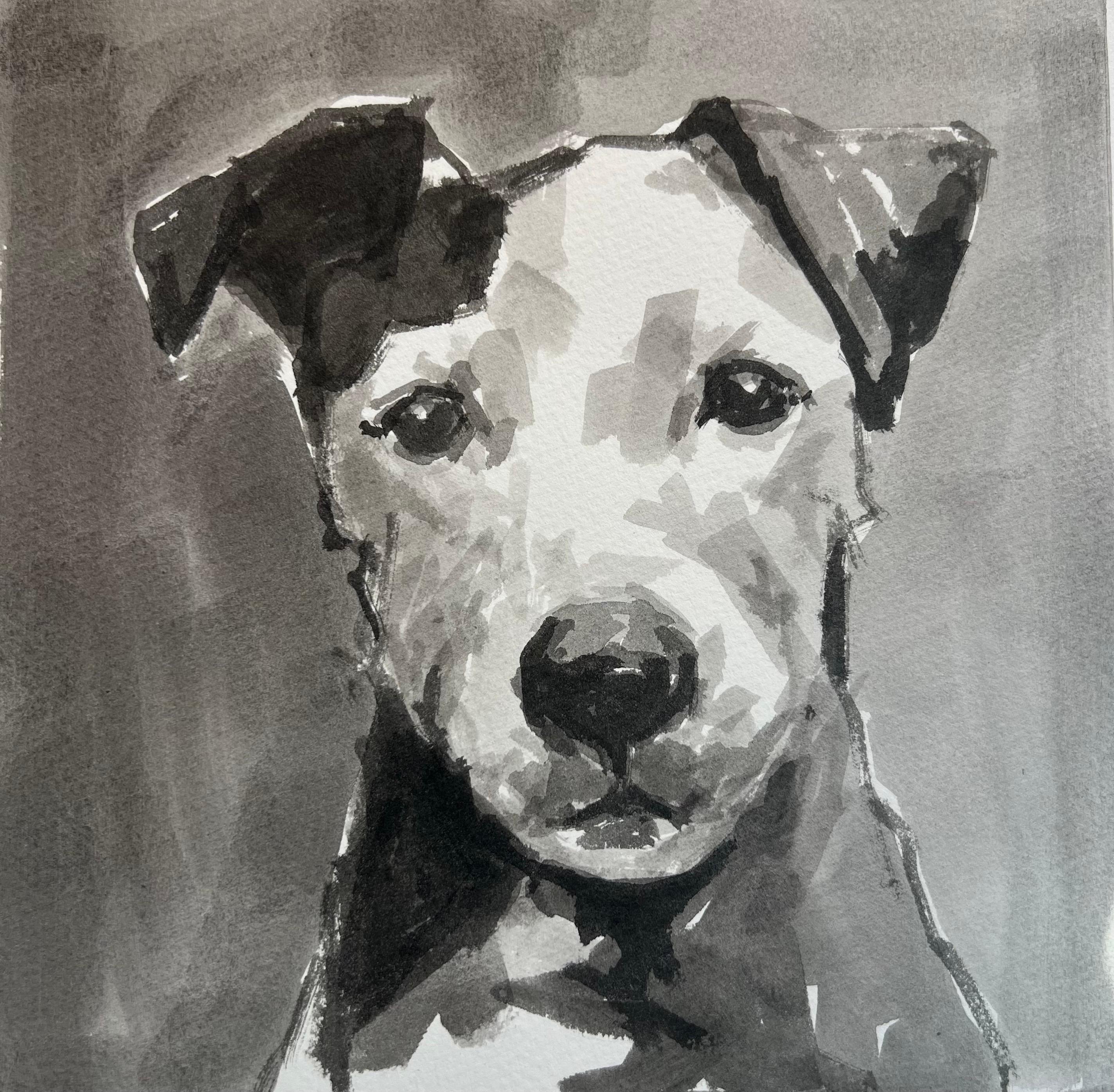A Jack Russell Terrier Contemporary Minimalist Ink Painting in Black and White - Gray Portrait Painting by Ian Mason