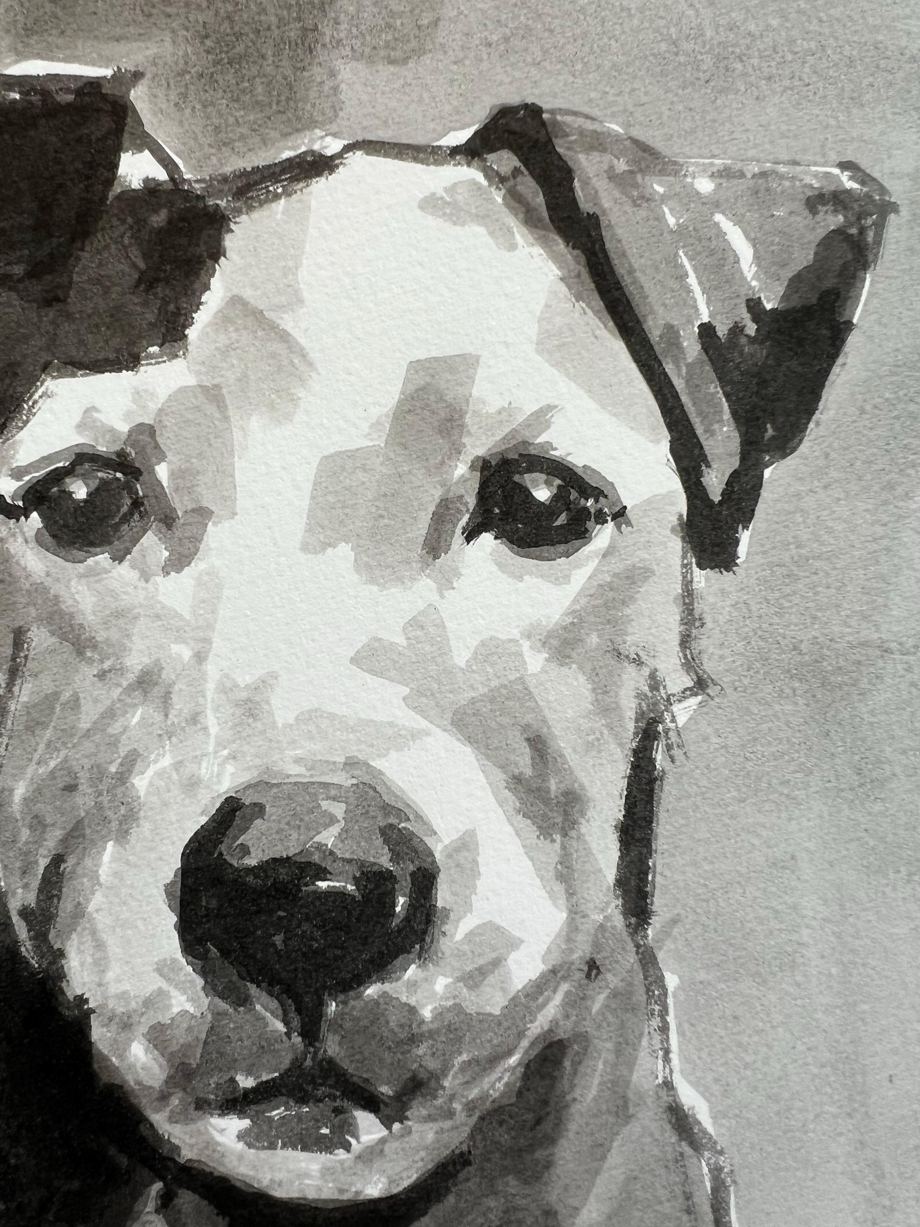 This dog painting, a stunning black and white ink painting of a Jack Russell Terrier dog, is a contemporary minimal portrait in black ink on Fabriano 300gsm paper. Ian Mason's portraits of dogs are very striking as he is able to capture the form of