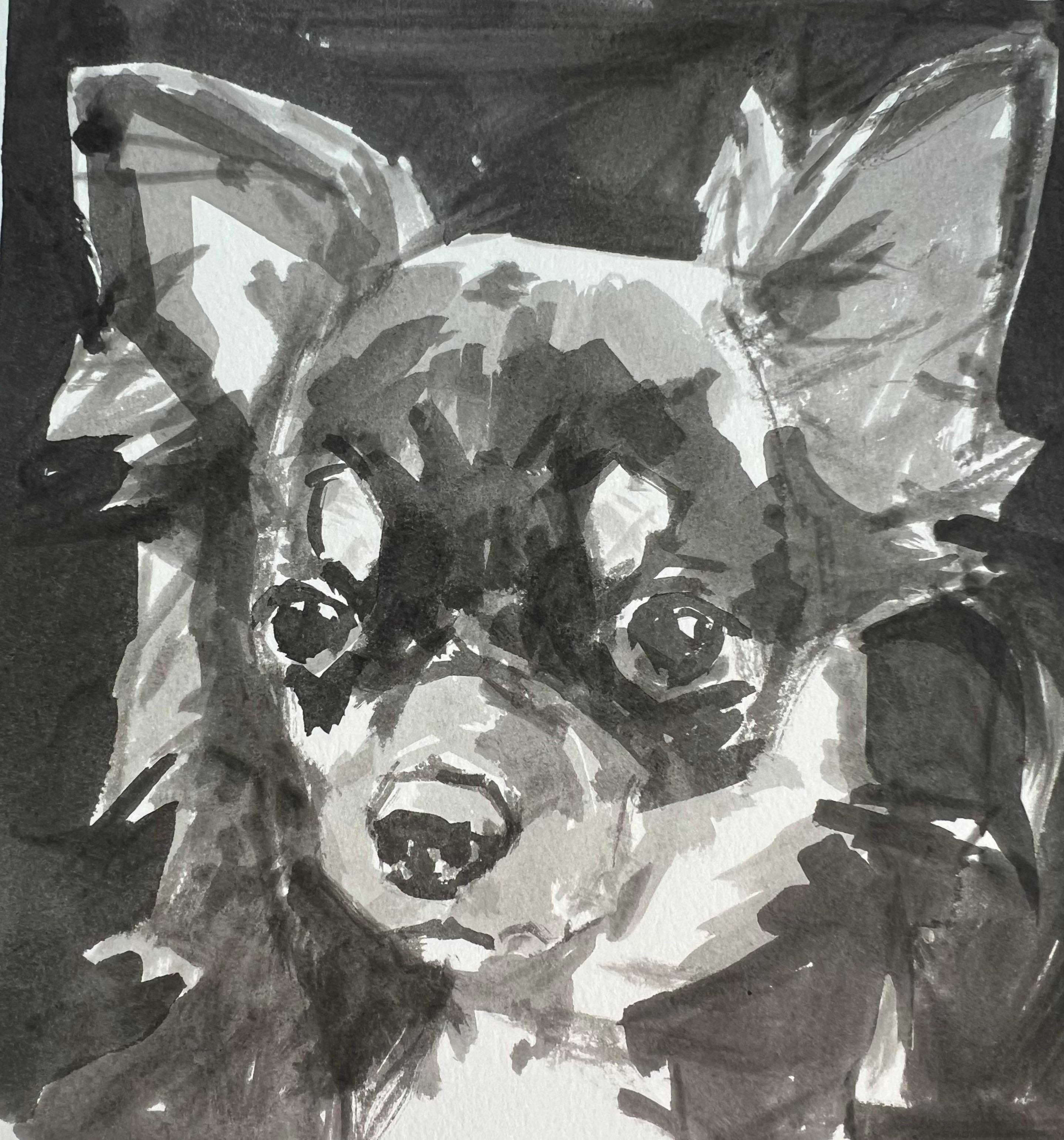 Alerta Chihuahua en Tinta Blanca y Negra es un Minimalista Contemporáneo  Pintura canina - Painting de Ian Mason