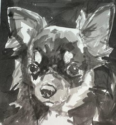 Alert Chihuahua in Black & White Ink is a Contemporary Minimalist  Dog Painting