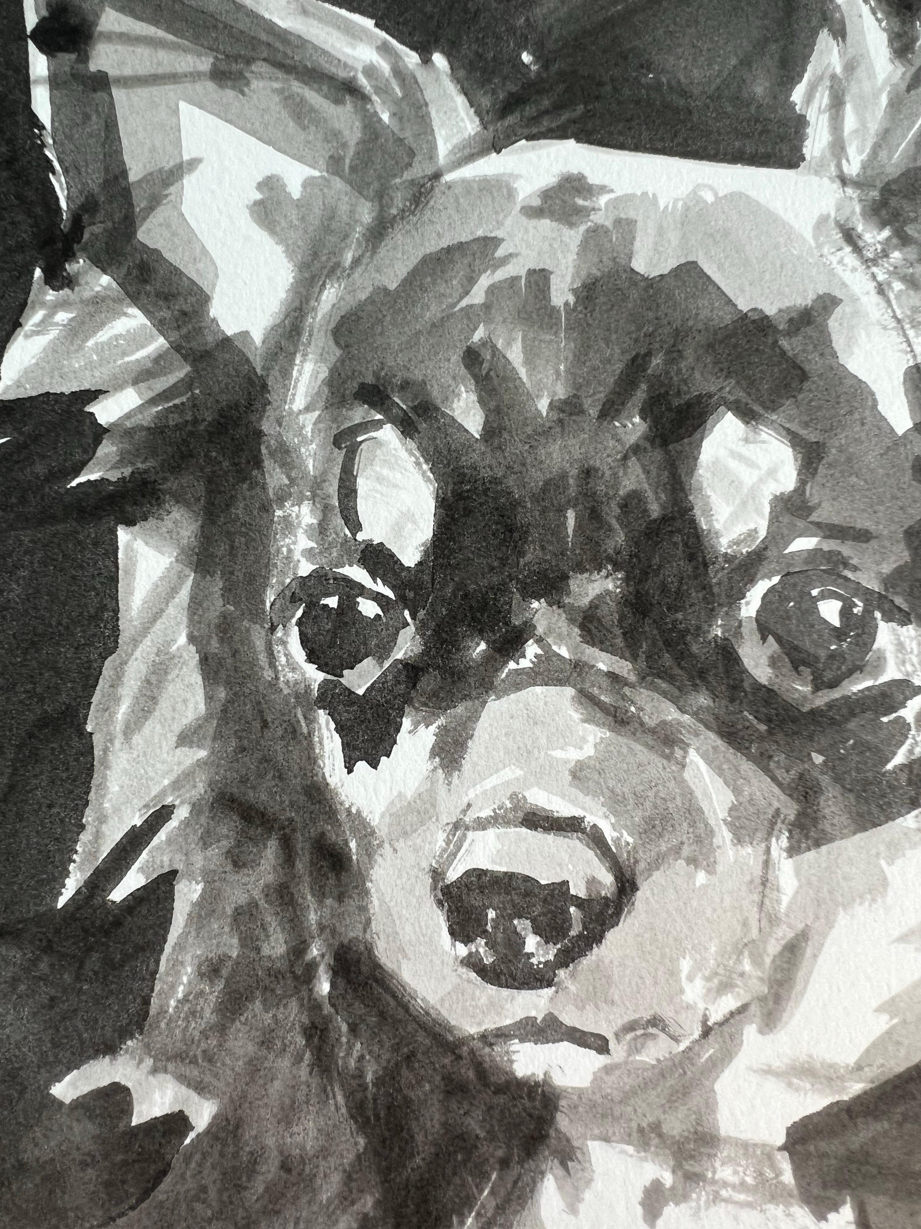 Alerta Chihuahua en Tinta Blanca y Negra es un Minimalista Contemporáneo  Pintura canina - Portrait Painting Beige de Ian Mason