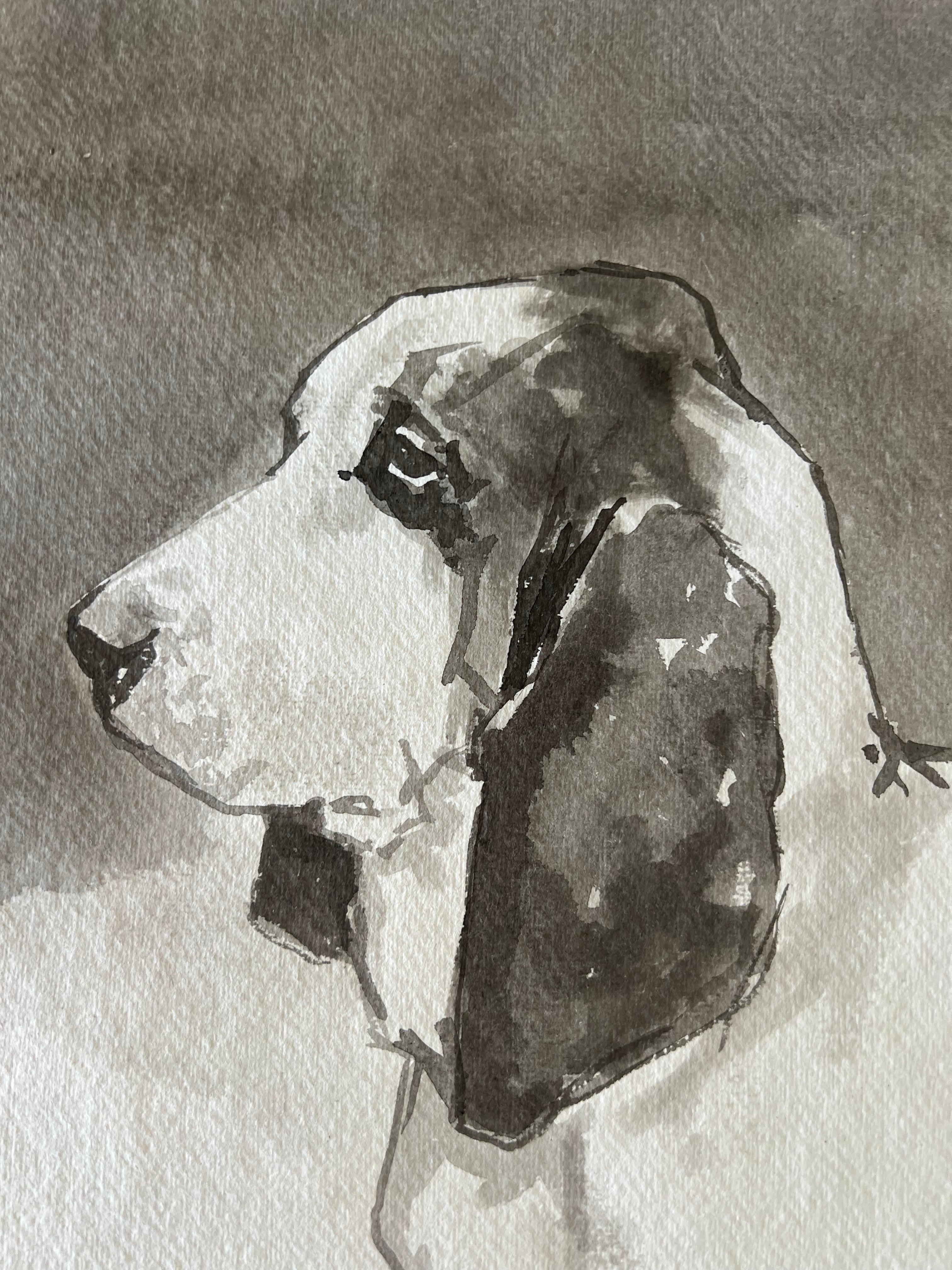 Bassett Hound minimal black and white ink painting on Indian rag paper - Painting by Ian Mason