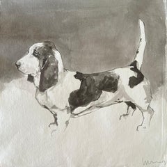 Peinture à l'encre noire et blanche minimale Bassett Hound sur papier chiffon indien