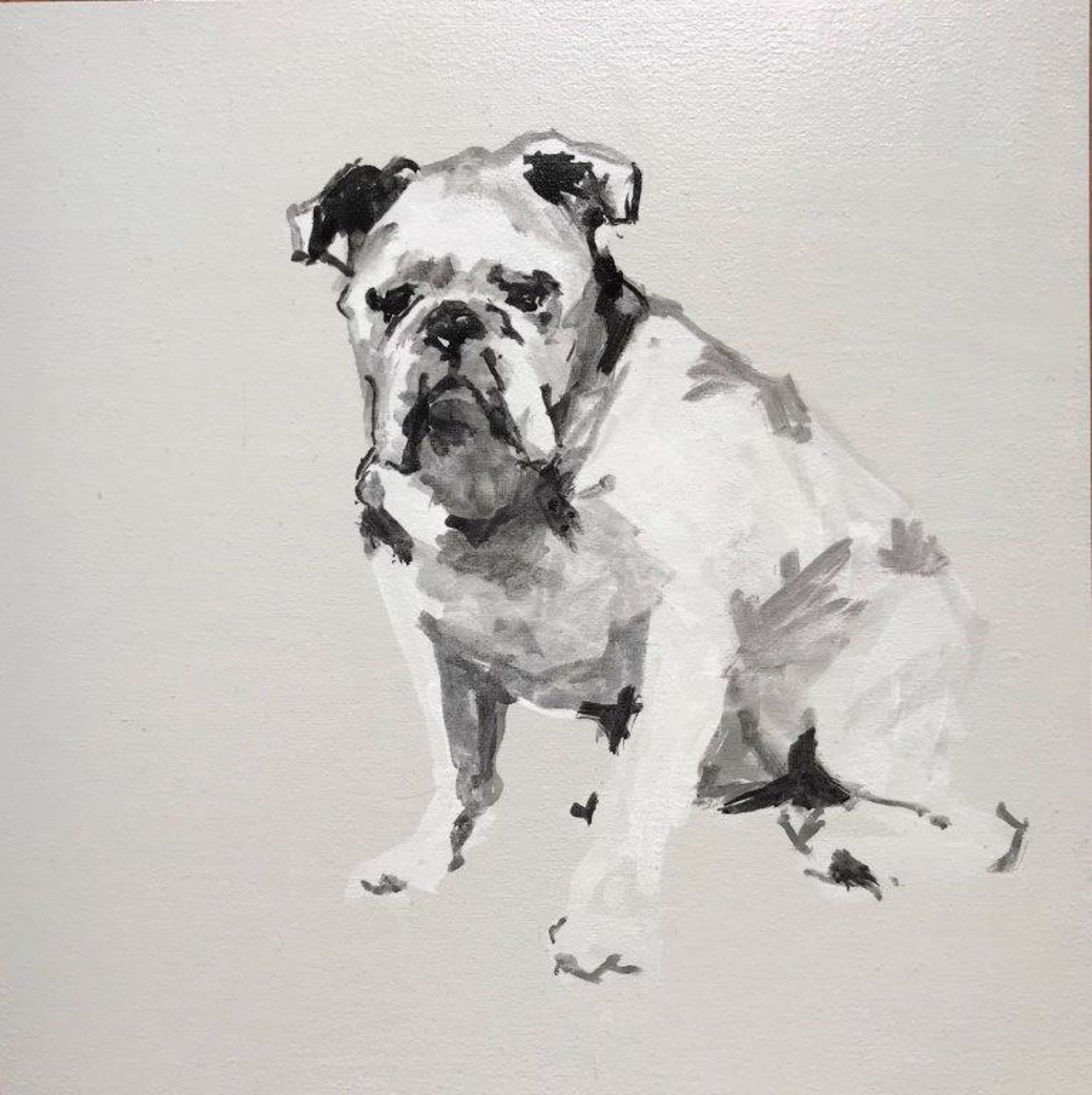 Ian Mason Animal Painting - Bulldog Minimal Black and White Dog Painting on Board with Gray Background