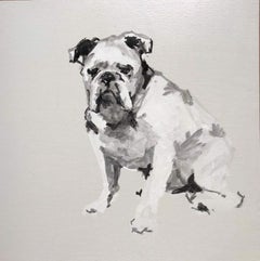 Bulldogge, minimalistisches Schwarz-Weiß-Gemälde auf Karton mit grauem Hintergrund