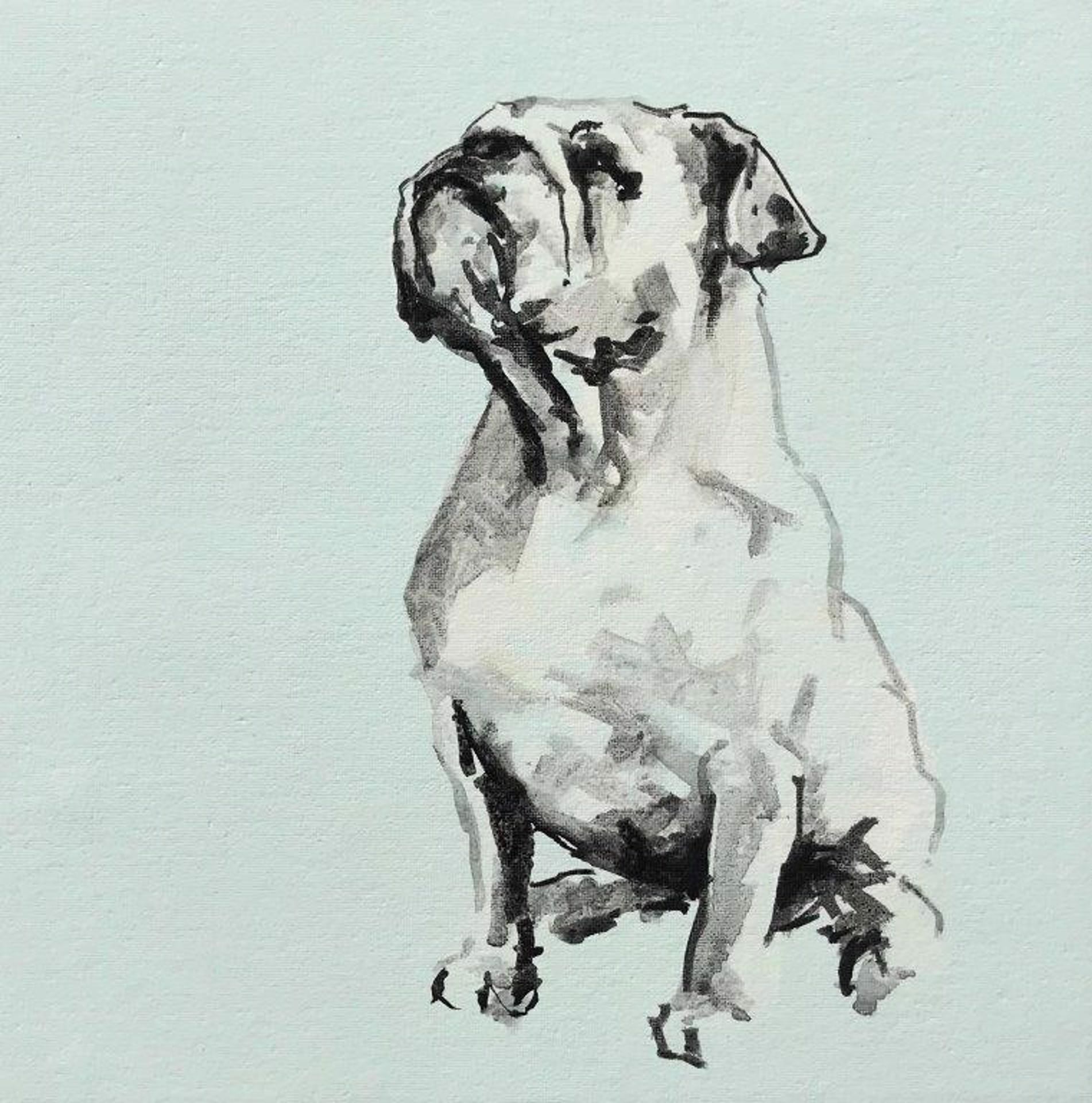 Ian Mason Animal Painting - Bulldog Minimal Black and White Dog Painting on Board with Light Blue Background