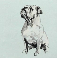 Bulldog Minimal Black and White Dog Painting on Board with Light Blue Background