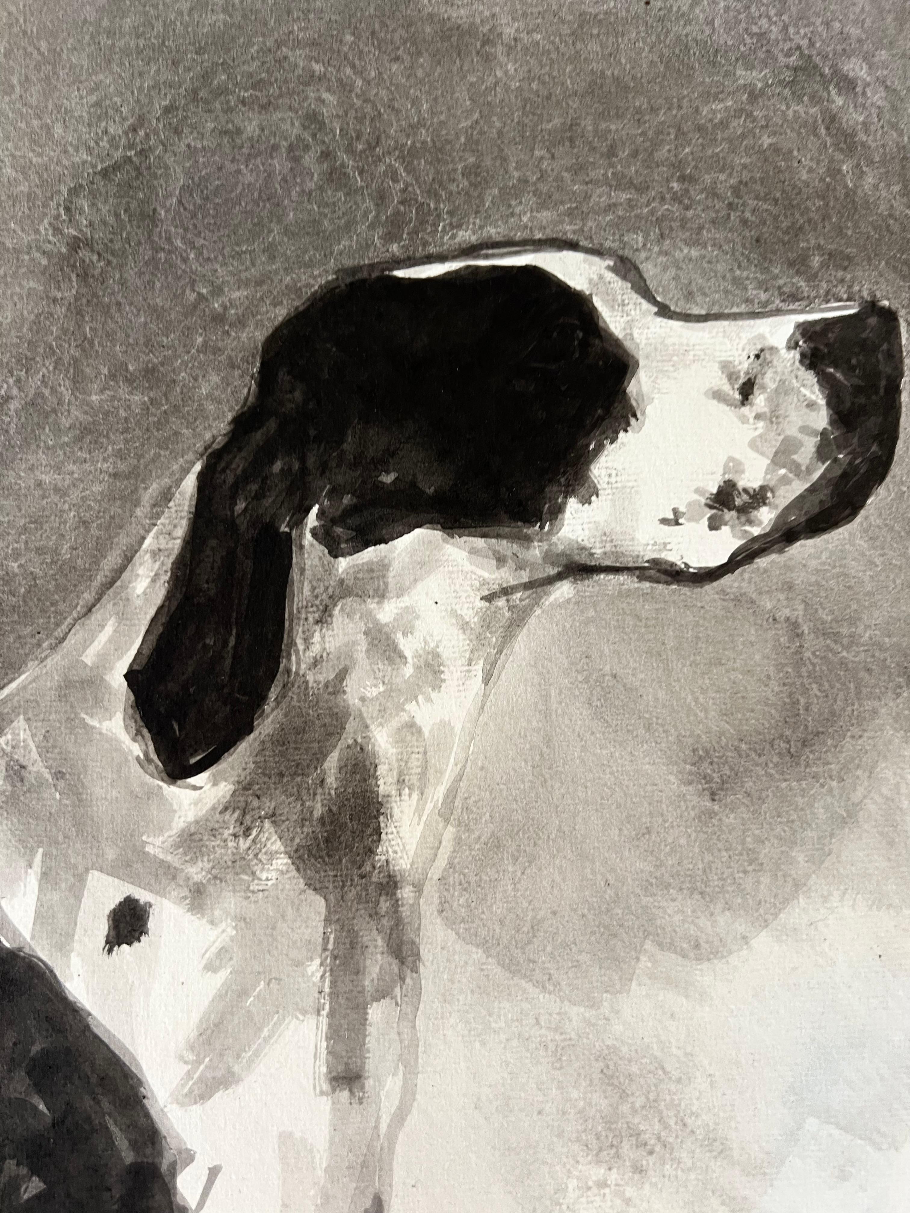 English Pointer minimal black and white ink painting on Indian rag paper - Painting by Ian Mason