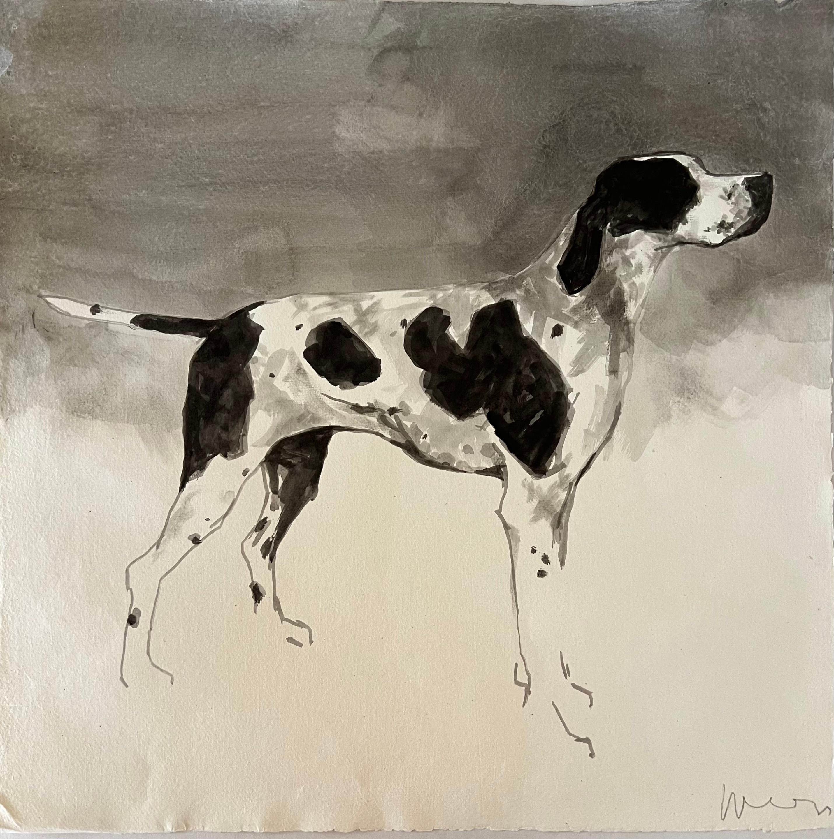 Ian Mason Animal Painting - English Pointer minimal black and white ink painting on Indian rag paper