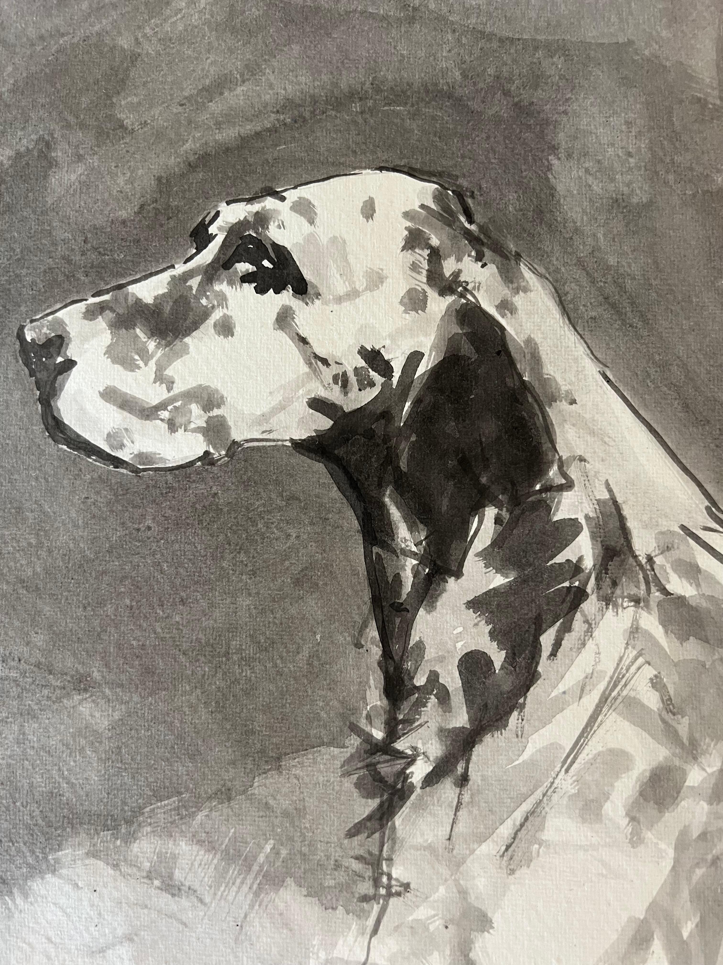 English Setter minimal black and white ink painting on Indian rag paper - Painting by Ian Mason