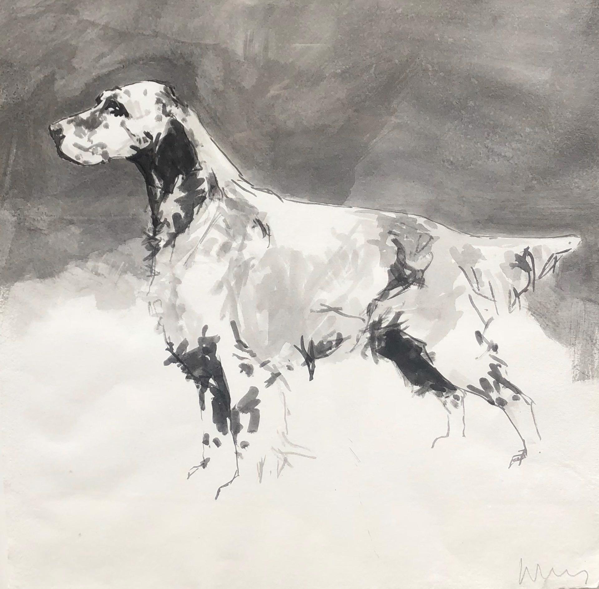 Ian Mason Portrait Painting - English Setter minimal black and white ink painting on Indian rag paper