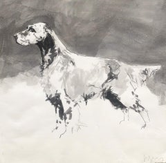 English Setter minimal black and white ink painting on Indian rag paper
