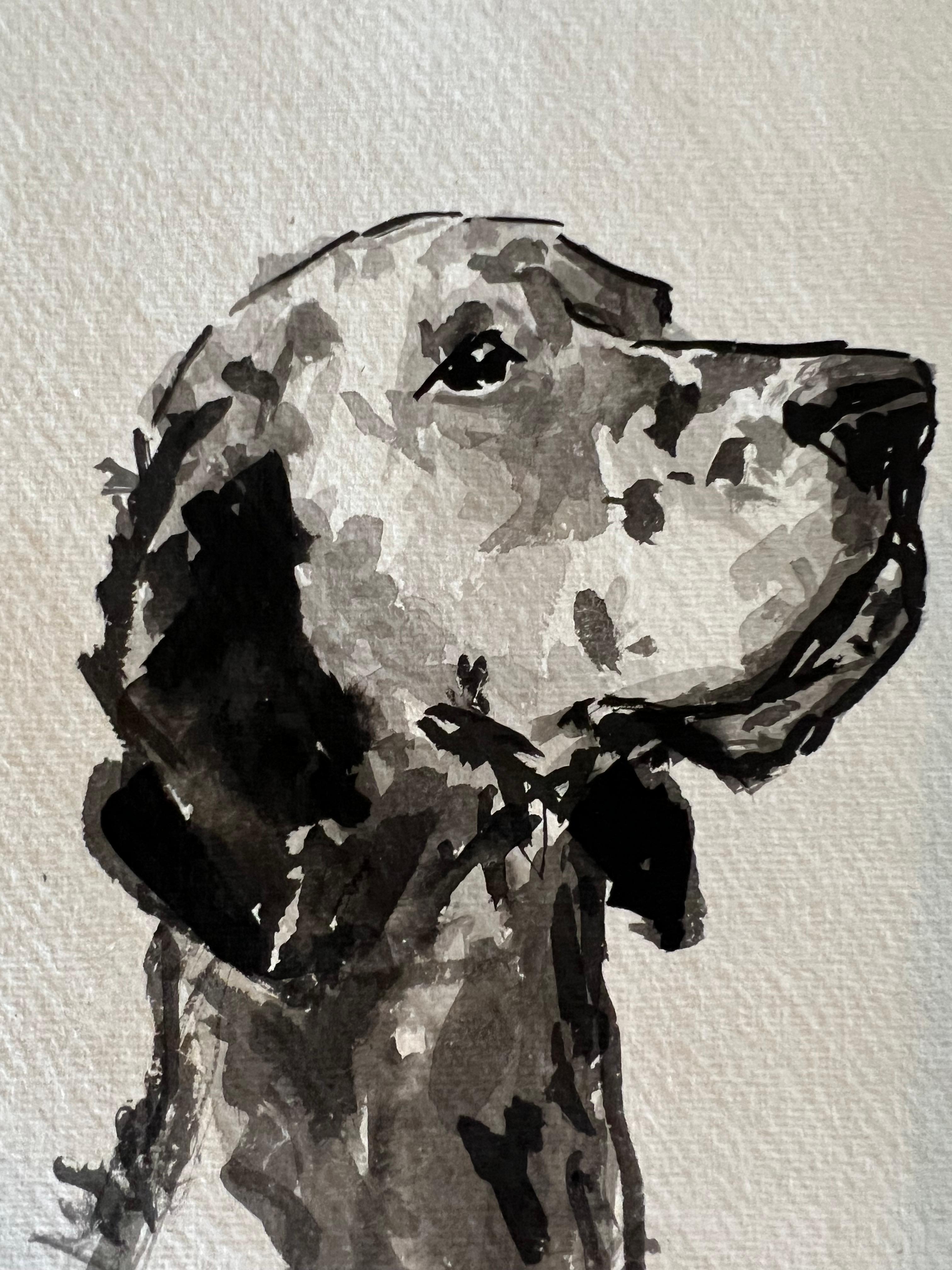 English Setter minimal black and white ink painting on rag paper - Painting by Ian Mason