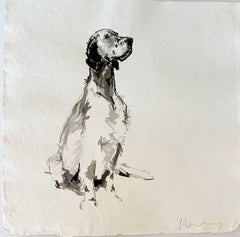 Setter inglés pintura mínima a tinta en blanco y negro sobre papel de trapo