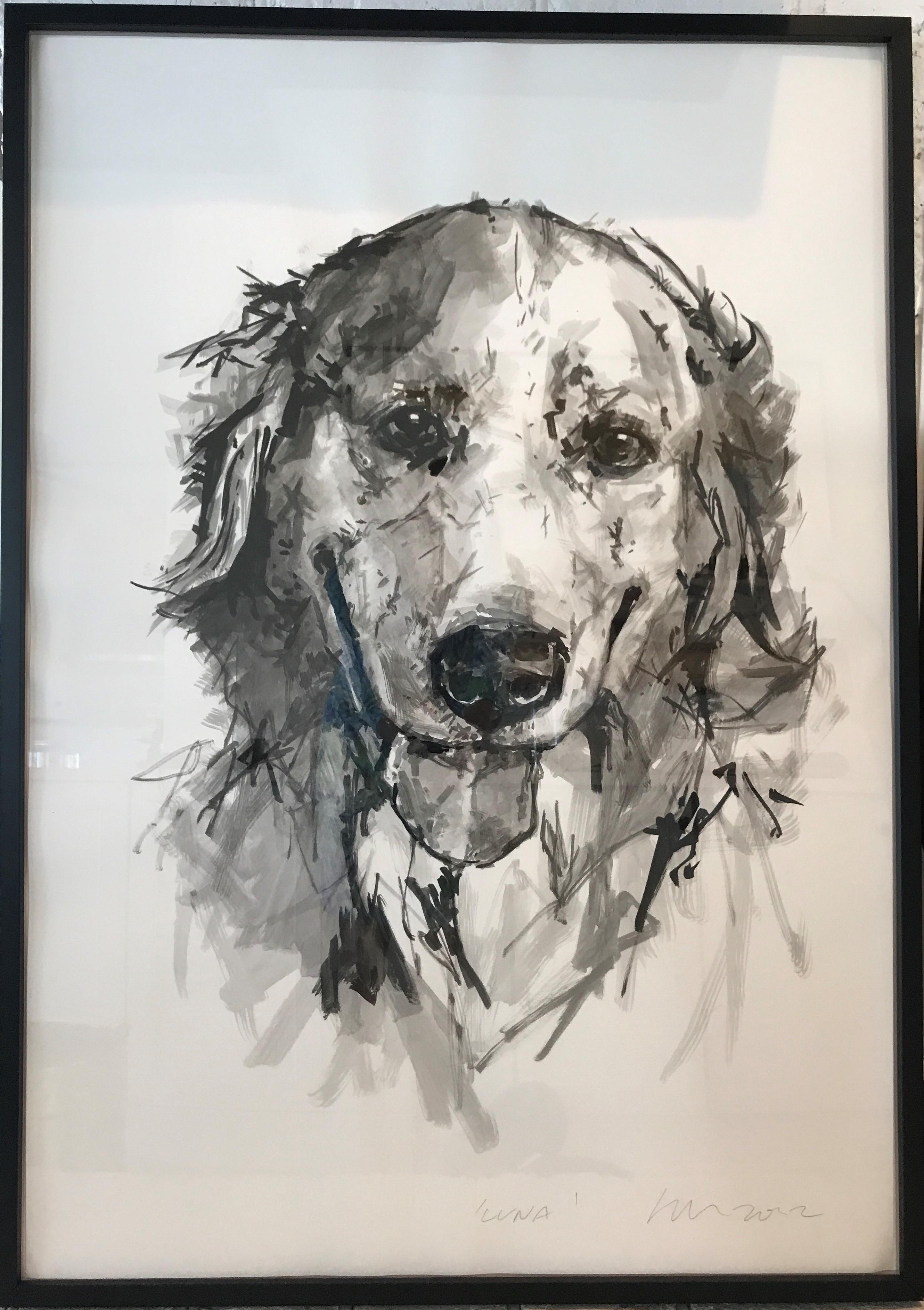 Portrait Painting de Ian Mason - Golden Retriever 2, gran retrato contemporáneo minimalista en tinta negra sobre papel