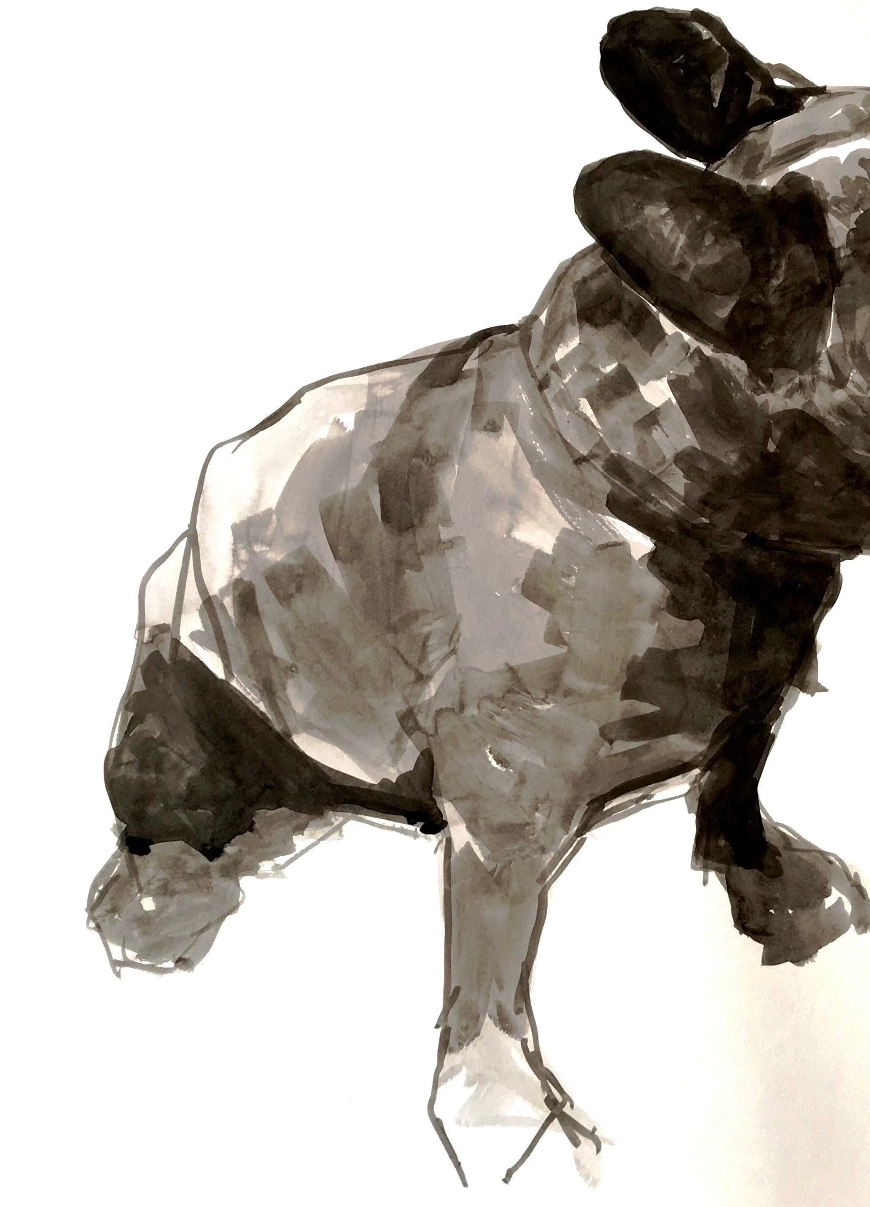 Splendido bulldog francese con inchiostro bianco e nero in stile minimalista contemporaneo - Portrait Painting Beige di Ian Mason