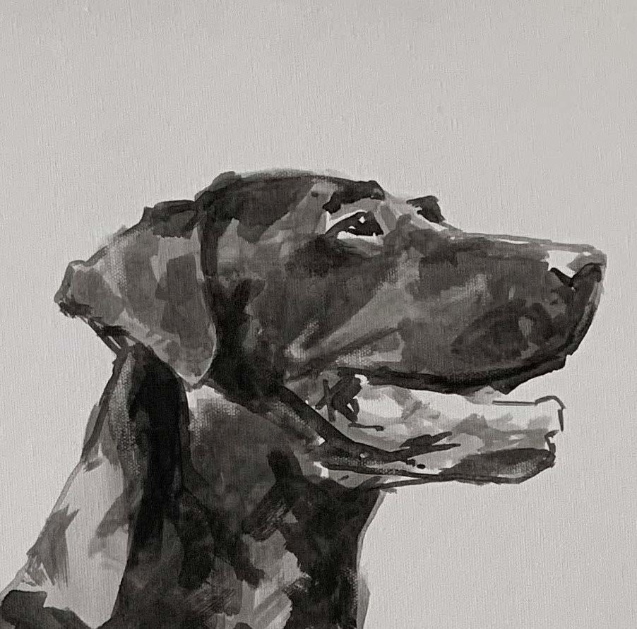 Labrador, contemporary minimal dog portrait black and white acrylic on canvas - Painting by Ian Mason