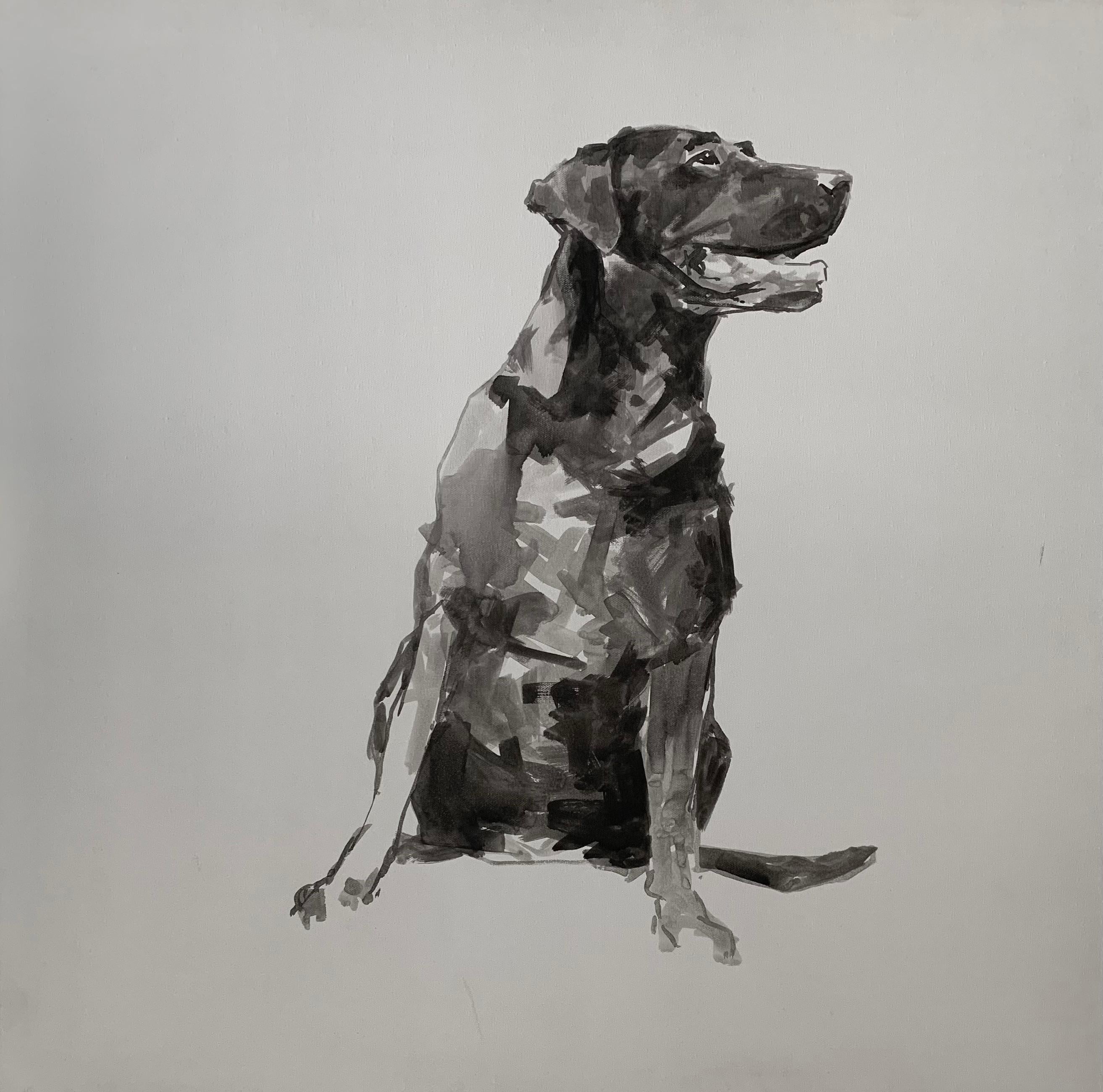 Ian Mason Animal Painting - Labrador, contemporary minimal dog portrait black and white acrylic on canvas